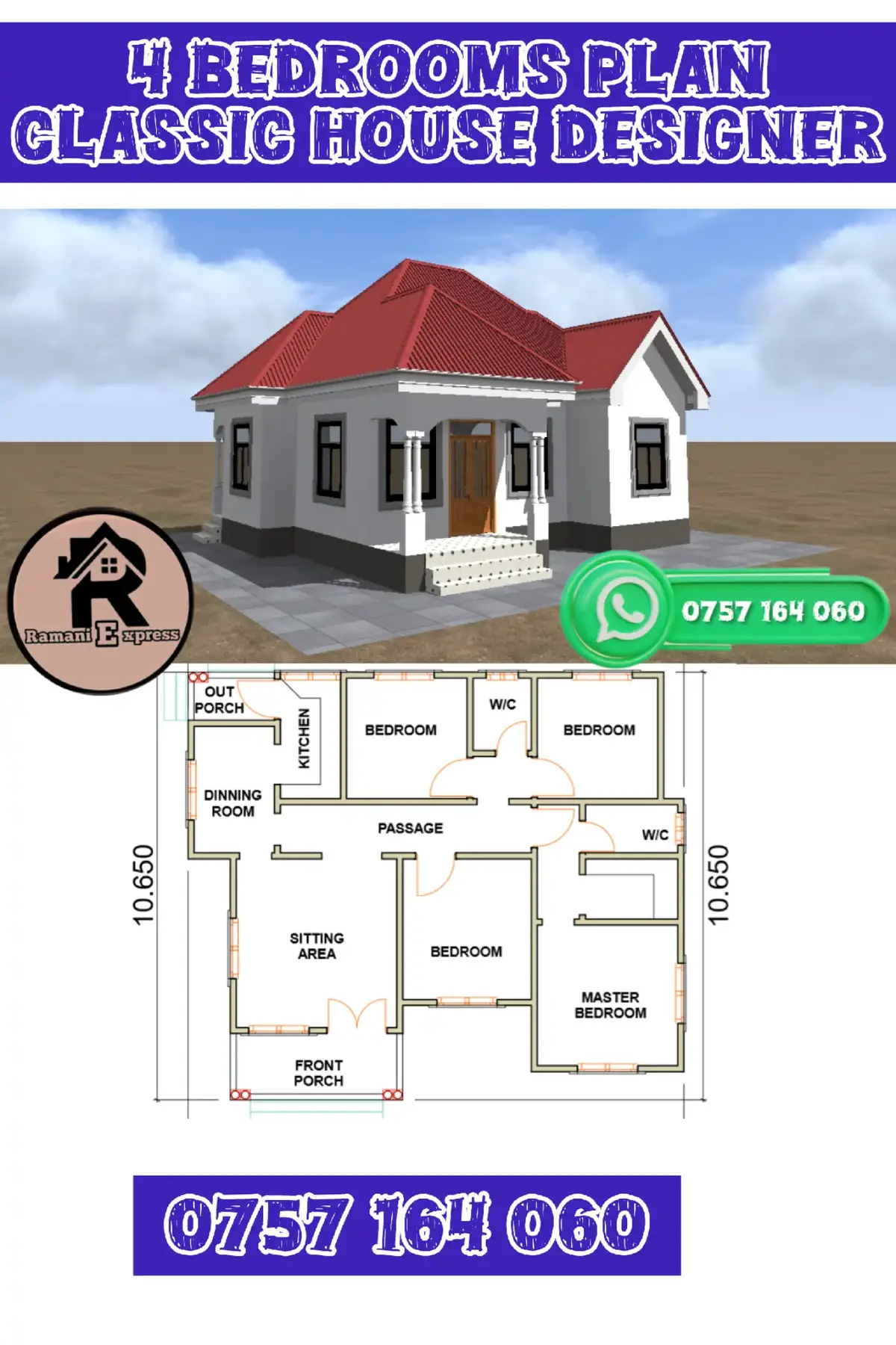 *#extradesgn*  MPR/4BD/0043 -RAMANI NZURI YENYE -VYUMBA VINNE VYA KULALA ( 1 MASTER 3 SINGLE BEDROOMS ) ★SEBULE KUBWA  ★JIKO ★ DINNING ★CHOO CHA WOTE Whatsapp 0757 164 060