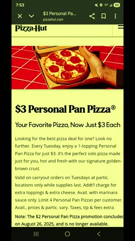 It's Tuesday! Personal Pan Pizza Day (limit 4 per customer) #pizza #tuesday #pizzatuesday #pizzahut @Pizza Hut 