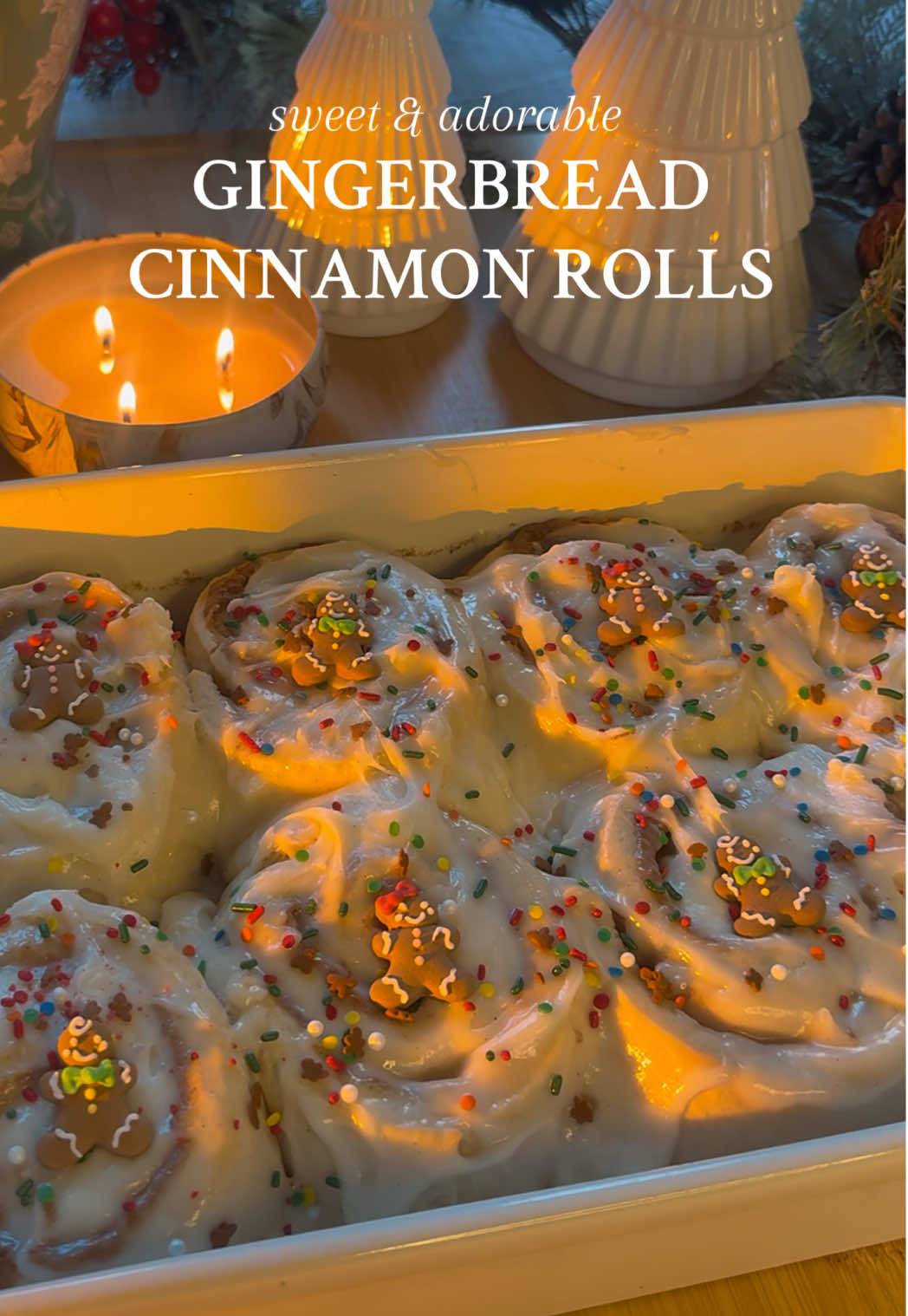 Gingerbread Cinnamon Rolls 🎄✨ Soft spiced rolls with a molasses-sweet filling and fluffy cream cheese frosting. Perfect warm out of the oven for the holidays. Ingredients Dough • 1 cup whole milk (240 g) • ⅓ cup granulated sugar (70 g) • 3 tsp active dry yeast • 3¾ cups all-purpose flour (490 g) • 1 large egg • 1½ tsp salt • 6 tbsp unsalted butter, softened (85 g) • Optional: ⅓ cup heavy cream (80 g) for soaking after proofing Filling • ½ cup unsalted butter, very soft • 1 cup light brown sugar, packed • 1 tbsp molasses • ¼ tsp salt • 1 1/2 tbsp ground cinnamon • 1 tsp ground ginger • 1/4 tsp ground cloves • 1/4 tsp ground nutmeg Frosting • ½ cup unsalted butter, softened • 2 cups powdered sugar • ¼ tsp salt • 1 tsp vanilla extract • 4 oz cream cheese, softened Instructions 	1.	Warm milk to 100–110°F. Stir in yeast and sugar, whisk, and let sit 10 minutes until foamy. 	2.	Add remaining dough ingredients. Mix until a dough forms. 	3.	Transfer to a lightly floured surface and knead 10 minutes until smooth and elastic. 	4.	Place in a greased bowl, cover, and let rise 60–90 minutes until doubled. 	5.	While it rises, make the filling. Mix butter, brown sugar, molasses, salt, cinnamon, ginger, cloves, and nutmeg until smooth. 	6.	Once dough has risen, punch it down and roll into a 12×16-inch rectangle. Spread filling evenly. 	7.	Roll tightly from the long side to form a log. Slice into 12 equal rolls using unflavored floss or string. 	8.	Arrange in a greased 9×13-inch baking dish. Let rise 30 minutes until puffy. 	9.	Optional: pour ⅓ cup heavy cream evenly over rolls before baking. 	10.	Bake at 350°F for 25–30 minutes until golden brown. 	11.	Beat butter, powdered sugar, and salt until fluffy. Add vanilla and cream cheese in small chunks, mixing until smooth. 	12.	Spread frosting over warm rolls so it melts slightly into the swirls. #gingerbread #cinnamonrolls #holiday #fyp #christmas    