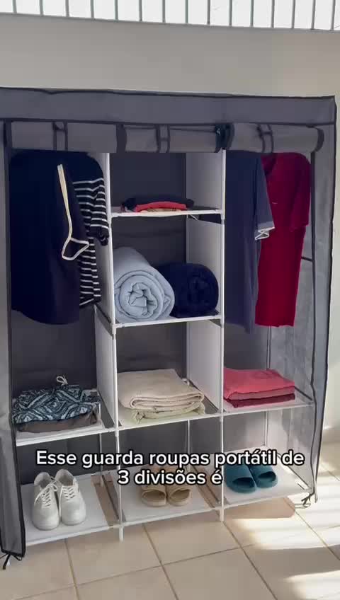 Guarda roupas casal portátil desmontável organizador modular 8 divisões com 2 cabideiros. Para organizar suas roupas, brinquedos e o que mais precisar. Aproveite o cupom de R$ 10 de desconto da black friday. #guardaroupa #guardaroupaportatil #organizador #organizaçãocasa 