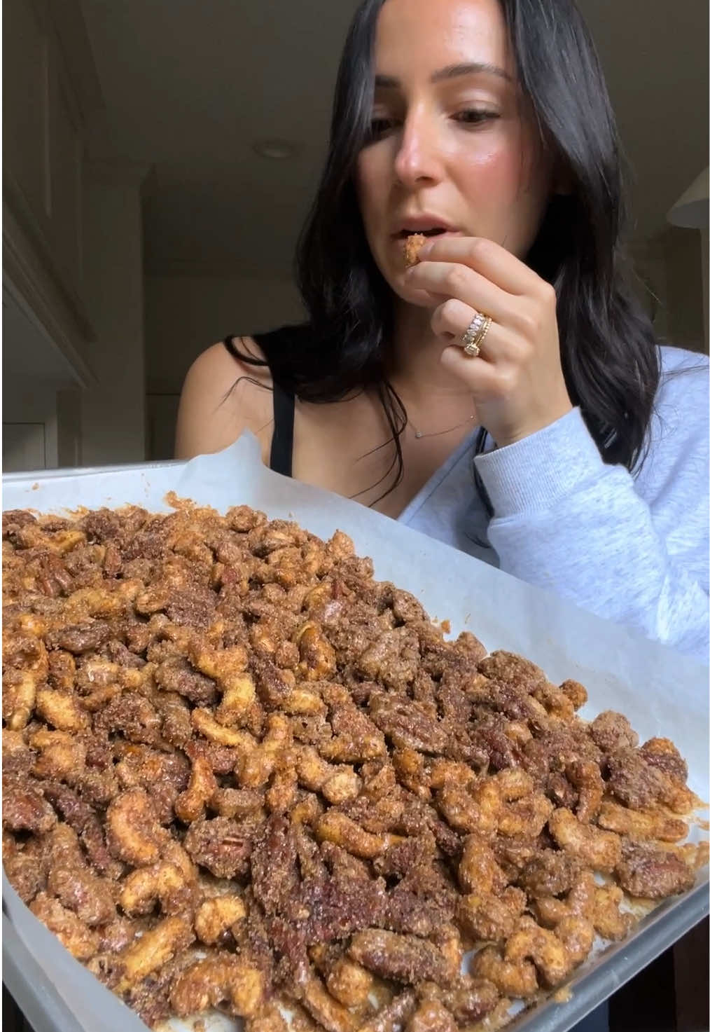The best homemade candied nuts! They make the perfect sweet little gift or a delicous addition to your cookie boxes. 2 1/2 cups pecans 2 1/2 cups cashews  1 cup almonds (or any mix of nuts, as long as it’s 6 total cups) 2 large egg whites 2 tbsp water  2 tsp vanilla  1 cup sugar 1 cup brown sugar packed 2 tbsp ground cinnamon  1/4 tsp fresh grated nutmeg, or ground nutmeg  2 tsp kosher salt  Spread in an even layer divided between two pans lined with parchment paper. Bake at 300F for 15m, toss, then another 15m. Cool and enjoy! #candiednuts #christmasdessert 