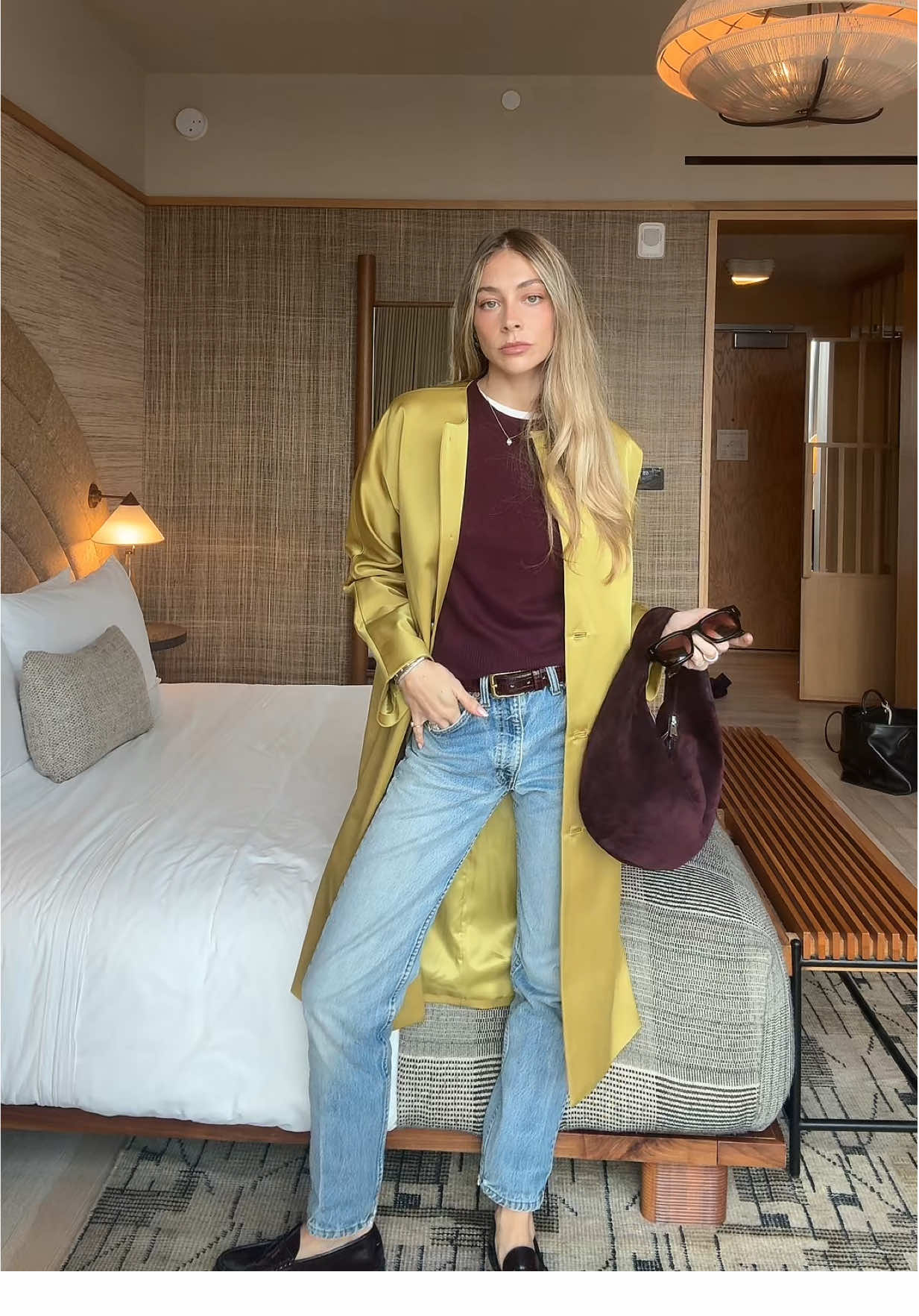 in LA embracing burgundy and chartreuse 