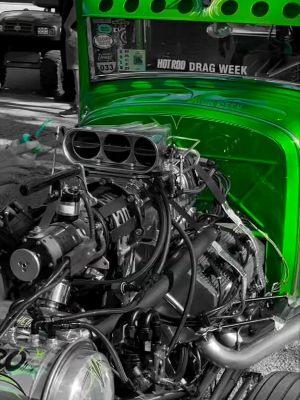 The Awesome Cackle of Nitro and The Blistering Burnout by the Street Fuel Coupe!  1931 Chrysler coupe with a supercharged Hemi! #nitrochaos #supercharged #nitro #horsepower #hemi #throttle #powerful #burnout #oldschool #rowdy #chrysler #green