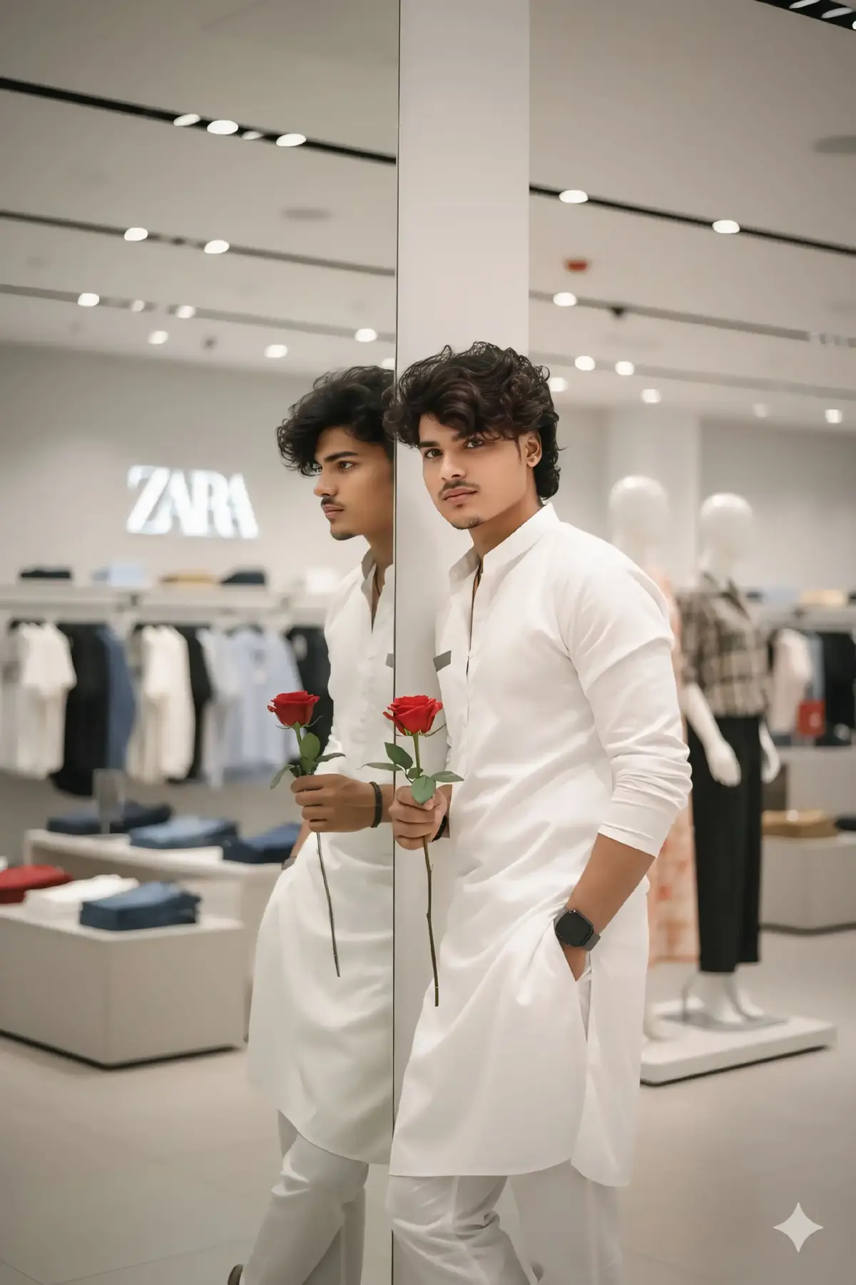 Promot ✨👇💙 8K Create Stylish young slimfit man (use my real face with 100% accuracy), with dark, messy hair and, leaning casually against a zara showroom mirror. He is wearing a White kurta pajama Right hand holding a Rose left hand in pocket looking directly at the mirror camera. He has a dark watch on his left wrist. Lighting is bright and even highlighting #tiktok #uoyruof #youtube #trendingtiktok #trending 