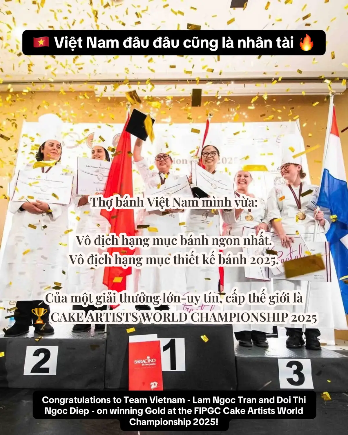 Ngày 11/11/2025 vừa qua, trên trang chủ cuộc thi FIPGC đã đăng tải thông tin chúc mừng 2 nhà vô địch đến từ Việt Nam. “Trời ơi, lúc chị Trân nhắn tin chị đạt giải mình xúc động phát khóc luôn. Mình đã bảo mà thợ bánh Việt Nam siêu đỉnh. Kỹ thuật của thợ cả làng bánh Việt luôn là một cái gì đấy rất đáng gờm trên bản đồ ngành bánh thế giới. Vì chúng ta trưởng thành từ thiếu thốn và bằng hàng ngàn, hàng ngàn giờ rèn luyện. Chỉ là chúng ta chưa phải một nước giàu, chưa có các bệ đỡ để có thể phát triển nghề nghiệp chuyên nghiệp bằng các nước giàu, mạnh hơn mà thôi. Tự hào quá chị Ngoc Tran Lam ơi. Một lần nữa khẳng định vị thế tiền bối, cây đa cây đề của ngành bánh Việt Nam ạ ❤” - Trích chia sẻ từ chị Nguyễn Thuỷ. 🏆 Giới thiệu về FIPGC - Federazione Internazionale Pasticceria Gelateria Cioccolateria FIPGC (Liên đoàn Quốc tế Bánh ngọt, Kem lạnh và Sô-cô-la) là một trong những tổ chức uy tín và tầm cỡ nhất thế giới trong lĩnh vực nghệ thuật làm bánh, kem và sô-cô-la. Trụ sở đặt tại Ý - cái nôi của nghệ thuật ẩm thực châu Âu, FIPGC quy tụ những chuyên gia, bậc thầy và nhà sáng tạo hàng đầu toàn cầu trong ngành Pastry - Gelato - Chocolate. Hàng hai năm một lần, FIPGC tổ chức World Championships (Giải vô địch thế giới ngành bánh ngọt, kem và sô-cô-la) tại Fiera Milano, quy tụ hơn 40 quốc gia tranh tài. Đây được xem là “Olympic của giới làm bánh”, nơi tôn vinh kỹ thuật, nghệ thuật và tinh thần sáng tạo đỉnh cao. Các thí sinh phải trải qua những vòng thi khắt khe, được đánh giá bởi ban giám khảo quốc tế, với tiêu chí nghiêm ngặt về kỹ thuật chế biến, trình bày thẩm mỹ, sáng tạo và hương vị. Giải thưởng FIPGC vì thế được xem là thước đo danh tiếng và năng lực chuyên môn toàn cầu, là dấu chứng nhận uy tín cho bất kỳ nghệ nhân hay thương hiệu nào trong ngành bánh ngọt - gelato - sô-cô-la. Ngoài cuộc thi, FIPGC còn đóng vai trò quan trọng trong việc đào tạo, kết nối và phát triển ngành nghề, thúc đẩy sự lan tỏa của văn hóa “Made in Italy” và nâng tầm tiêu chuẩn quốc tế cho nghệ thuật ẩm thực. Một lần nữa, xin được cảm ơn và chia sẻ sự tự hào này 🔥 Tự hào hai tiếng Việt Nam!!! 🇻🇳 #timsang #VietNam #tuhaovietnam #1st #FIPGC 