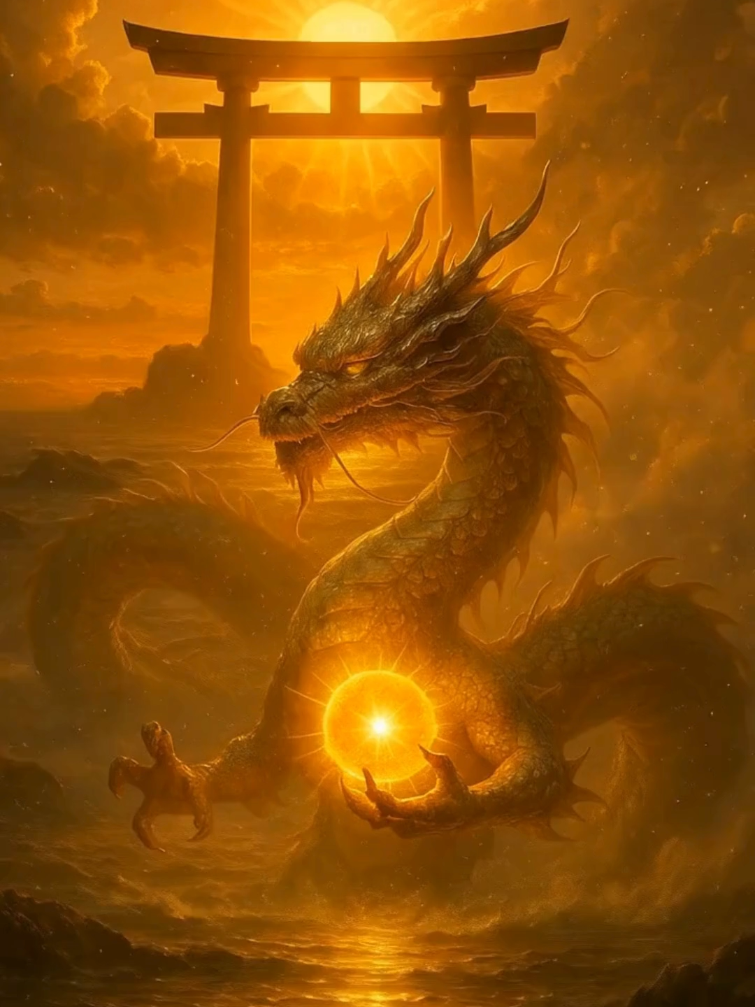 【開運の“氣”を整えましょう】夕日に染まる海に現れた黄金の龍神様。 宝珠を掲げ、世界の“氣”を整えるように海と空を輝かせる。 神々しい光は鳥居を赤く照らし、人々の願いを浄化していく。 やがて龍神様は光となり消え、静寂の海には祝福だけが残った。 これは「願いが叶う前触れ」を象徴する神聖な物語。