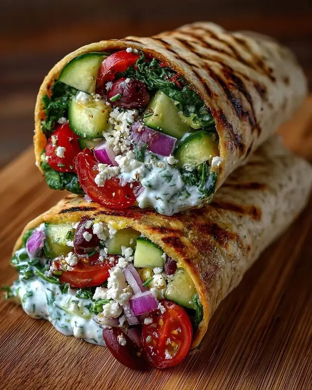 Ingredients: 4 large whole wheat or spinach tortillas 1 cup hummus 1 cup sliced cucumbers 1 cup cherry tomatoes, halved ½ cup red onion, thinly sliced ½ cup crumbled feta cheese 1 cup mixed greens or spinach ¼ cup kalamata olives, sliced ½ cup tzatziki sauce Directions: Lay out the tortillas on a clean surface. Spread a generous layer of hummus on each tortilla. Layer with cucumbers, cherry tomatoes, red onion, feta cheese, greens, and olives. Drizzle or spread tzatziki over the veggies. Roll up tightly, tucking in the sides as you go. Slice in half and serve fresh or wrap in foil for an easy on-the-go meal.