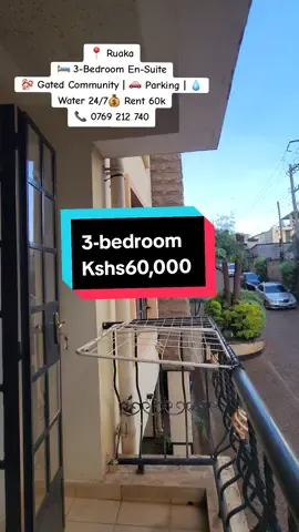 🌟 Welcome to your next home in Ruaka! Spacious 3-Bedroom En-Suite apartment located in a secure gated community — perfect for comfort and peace of mind. 💧 Constant water | 🚗 Ample parking | 🌳 Serene environment 💰 Rent: 60k 📞 0769 212 740 . . . . . #3bedroom #apartment #realtor #creatorsearchinsight #pkhomes 
