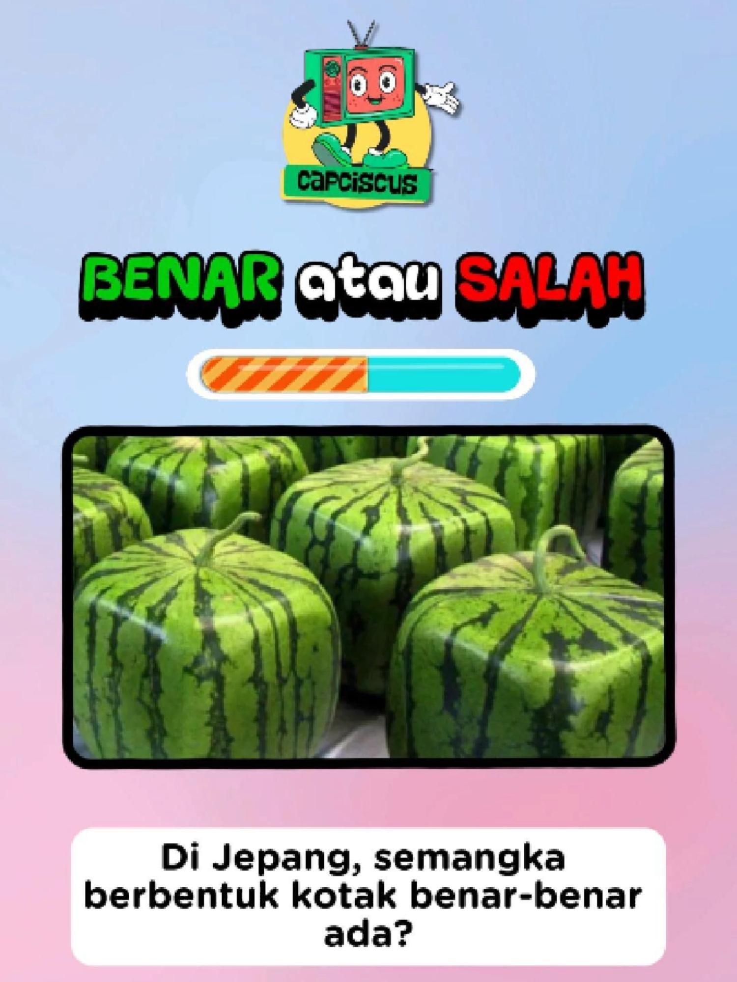 Beneran ada SEMANGKA KOTAK?! 😱 Coba tebak, ini FAKTA atau HOAX? Uji pengetahuanmu di kuis ini! 🧠 Soal terakhir (baca di gelap 💡) jawabannya apa? Tulis di komen! 👇 📺 Ikutin terus kuis-kuis seru lainnya cuma di YouTube Capciscus (link di BIO) 🚀 #tebakgambar #tebaktebakan #serunyabelajar #capciscus