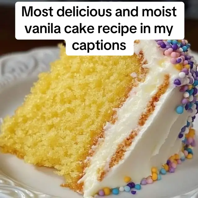 Moist Vanilla Cake with Buttercream Frosting Ingredients For the Cake: 2½ cups (315g) all-purpose flour 2½ tsp baking powder ½ tsp salt 1 cup (226g) unsalted butter, softened 1½ cups (300g) granulated sugar 4 large eggs, room temperature 1 tbsp vanilla extract 1 cup (240ml) whole milk, room temperature ¼ cup (60ml) vegetable oil For the Buttercream Frosting: 1 cup (226g) unsalted butter, softened 4 cups (480g) icing sugar 2 tbsp heavy cream or milk 2 tsp vanilla extract A pinch of salt Instructions Cake: Preheat your oven to 350°F (175°C). Grease and line two 8-inch round pans. In a bowl, mix flour, baking powder, and salt. In another large bowl, cream butter and sugar until pale and fluffy. Add eggs one at a time, beating well after each addition, then stir in vanilla. Add the dry ingredients alternately with milk and oil, mixing until smooth. Divide the batter evenly between the pans. Bake for 30–35 minutes or until a toothpick inserted in the center comes out clean. Cool completely on a rack before frosting. Buttercream Frosting: Beat butter until creamy. Gradually add icing sugar, mixing well. Add cream (or milk), vanilla, and a pinch of salt. Beat for 3–5 minutes until light and fluffy. Assembly: Place one cake layer on your board, spread a layer of buttercream over it. Top with the second layer and cover the entire cake with buttercream. Decorate with colorful sprinkles as shown in the image.#Recipe #recipes #recipesoftiktok #fyp #foryoupage 