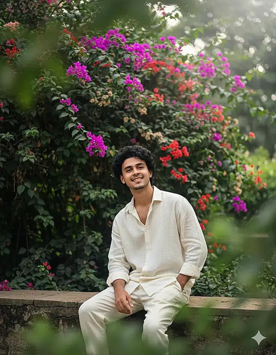 prompt 👇  8K hyper-realistic dark green portrait in cinematic lighting (100% face match).The man sits casually on a garden ledge surrounded by vibrant bougainvillea flowers.He smiles dramatically yet calmly,looking slightly upward.His voluminous dark hairstyle and loose white outfit contrast beautifully against the lush,blurred greenery.Soft,high-key sunlight filters through the leaves,forming glowing bokeh and natural depth.The foreground contains out-of-focus green branches enhancing the dreamlike tone.