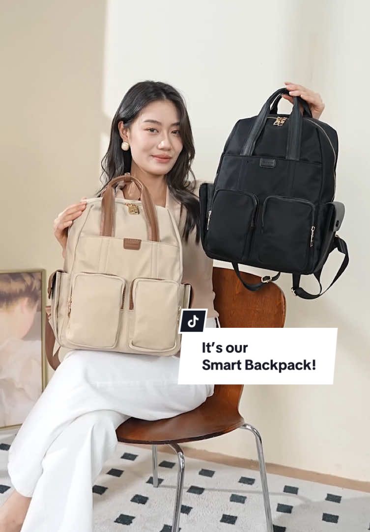 Effortless elegance meets daily practicality with the NEW Nimsa Backpack!  From office meetings to travel days, this unisex design keeps you stylish anywhere you go. Crafted from premium waterproof nylon with classy gold hardware, and fits up to a 14-inch laptop perfect for rain, business trips, or weekend getaways. Available color : Cream, Black  #Palominobag #TasWanita #TasMewah #Backpack 