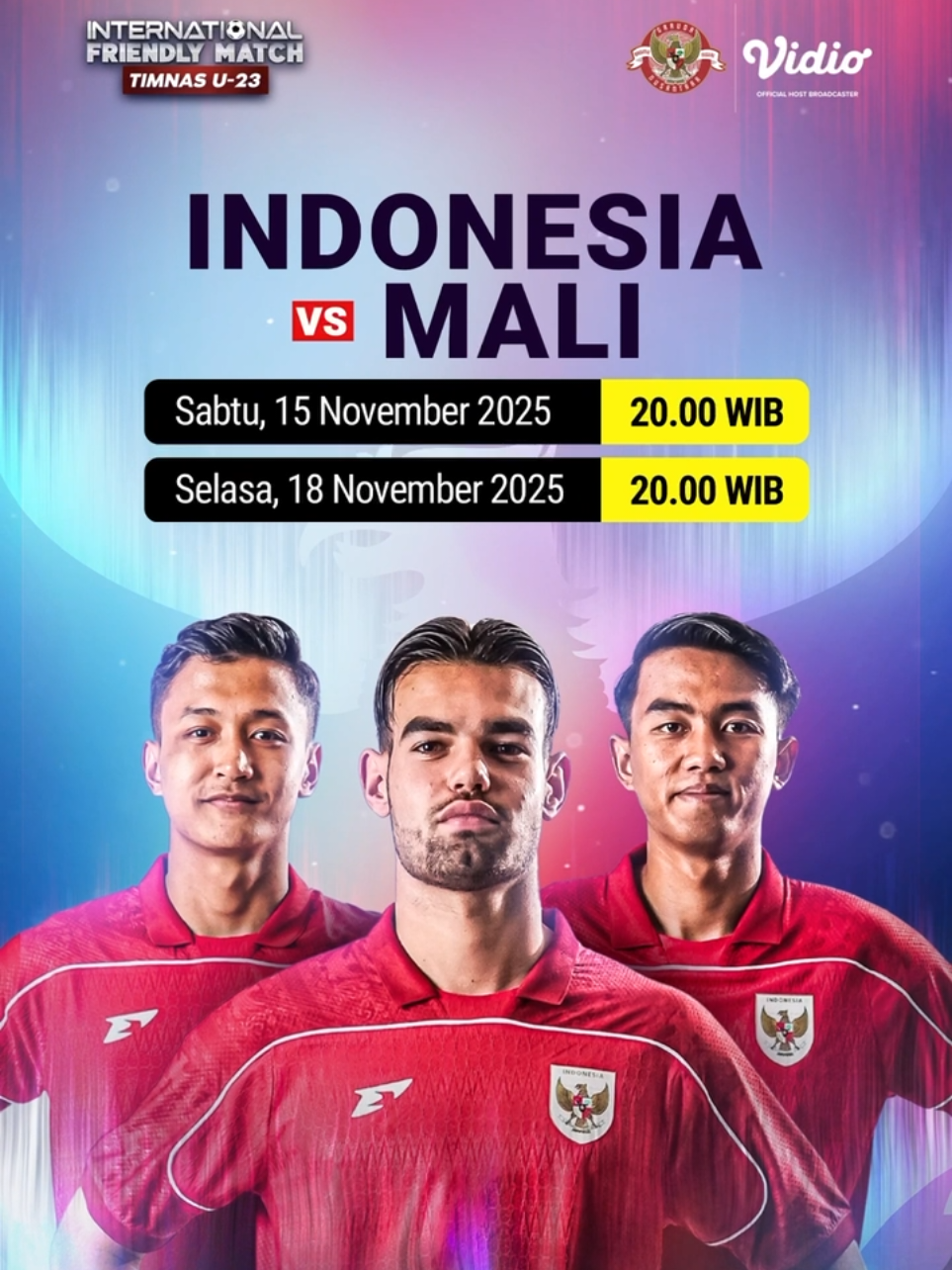 GARUDA MUDA SIAP BERAKSI 🇮🇩🦅 Dalam persiapan menuju SEA Games 2025, timnas Indonesia U23 asuhan Indra Sjafri akan menggelar uji coba melawan Mali U23 di Stadion Pakansari, Bogor. Dukung terus perjuangan Garuda Muda dan saksikan pada 15 & 18 November 2025 pukul 20.00 WIB, LIVE DI VIDIO! 📺