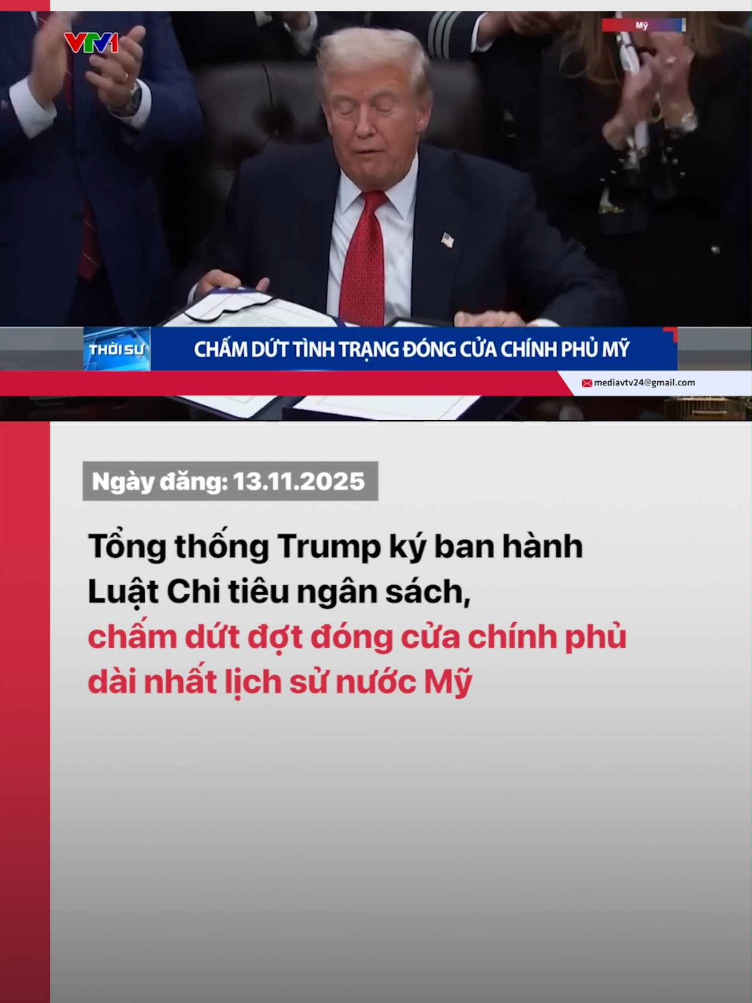 Với việc văn kiện này được Tổng thống Mỹ ký ban hành thì hoạt động của chính phủ Mỹ sẽ được duy trì đến hết ngày 30/1/2026. #tiktoknews #vtvdigital #vtv24 #chinhphumy #donaldtrump