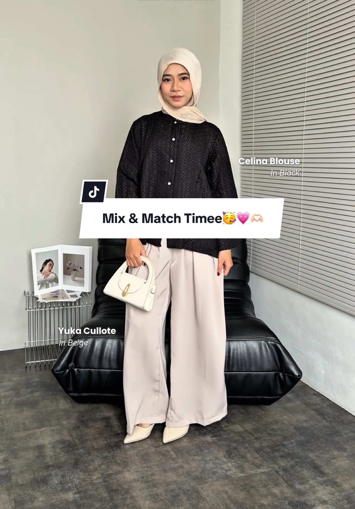 Mix and Match Celina Blouse in Black and Yuka Cullote in Beige It's Combo😱‼️💗 #mixandmatchclothes #colorcombos #OutfitHijab #OutfitInspo #outfitideas 