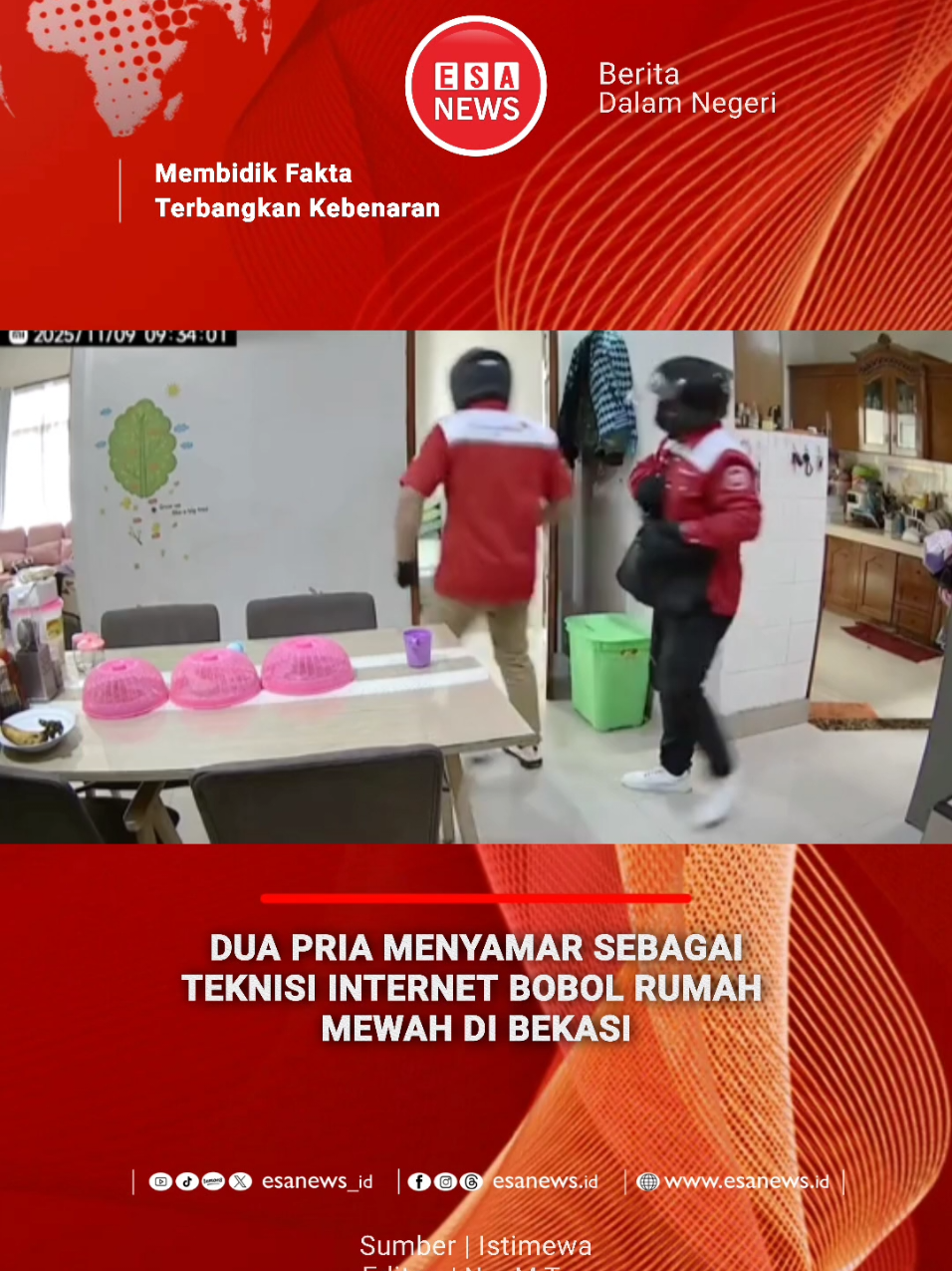 Dua pria berpakaian layaknya teknisi internet nekat membobol rumah mewah dua lantai di Jalan Wijaya Kusuma, Kelurahan Jatiwaringin, Kecamatan Pondokgede, Kota Bekasi, pada Minggu (9/11/2025) pagi. Dalam aksinya, para pelaku berhasil menggondol perhiasan emas dan jam tangan mewah dengan total kerugian ditaksir mencapai ratusan juta rupiah. Peristiwa terjadi sekitar pukul 09.30 WIB saat rumah dalam keadaan kosong karena ditinggal penghuninya bepergian ke luar kota. Berdasarkan rekaman CCTV, kedua pelaku datang mengendarai sepeda motor Yamaha NMax dan mengenakan seragam teknisi IndiHome. Warga sekitar tidak menaruh curiga karena mengira mereka adalah petugas resmi yang tengah memperbaiki jaringan internet di kawasan tersebut. #Bekasi #Kejahatan #PembobolanRumah #IndiHome #EsaNews 