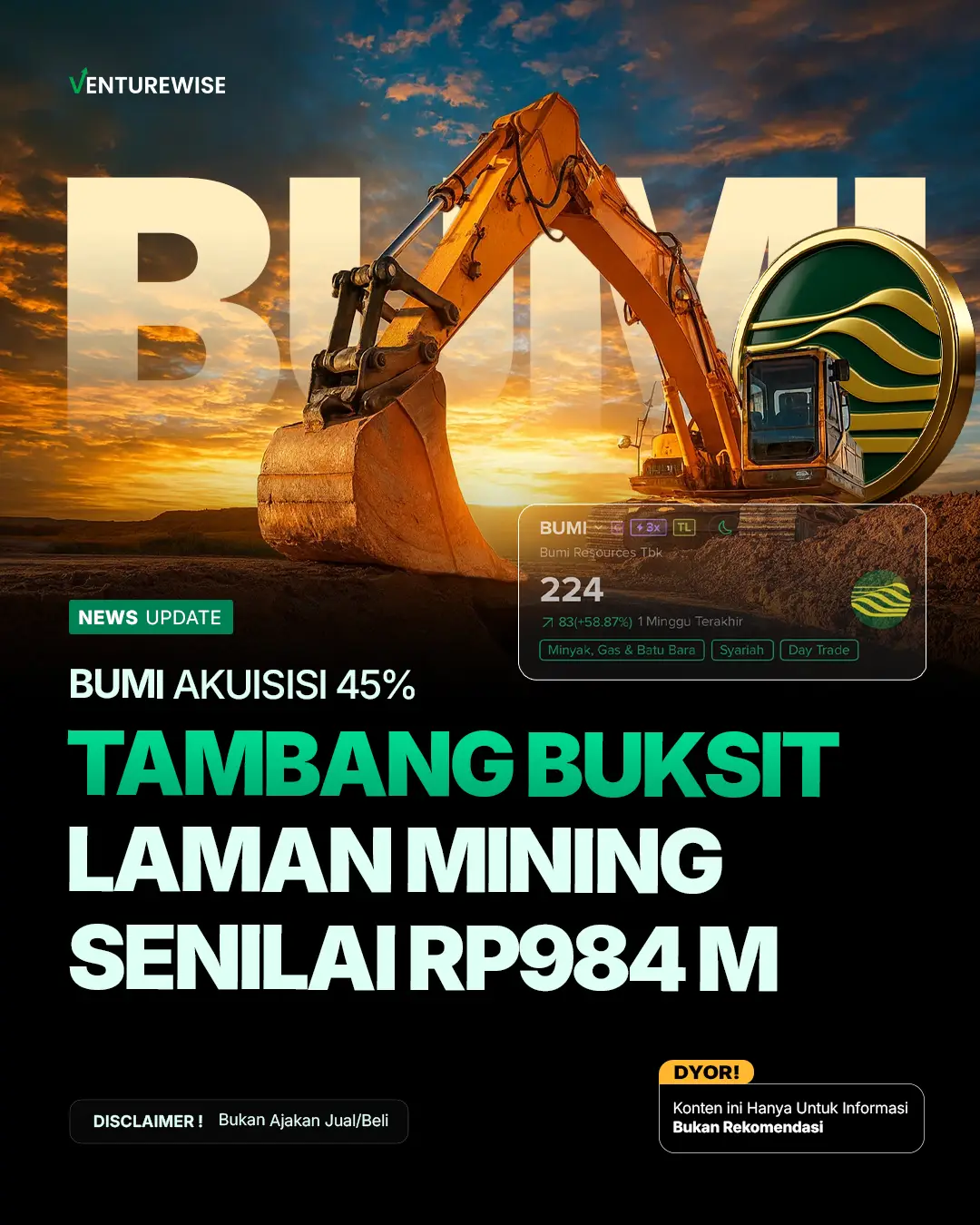 SAHAMNYA TERBANG! BUMI resmi masuk bauksit! PT Bumi Resources Tbk (BUMI) telah membayar uang muka untuk akuisisi 45% saham PT Laman Mining dengan nilai total US$59,1 juta atau sekitar Rp984,9 miliar. Transaksi dilakukan dua tahap: - US$20 juta dibayar di muka sebelum akhir 2025 - US$39,1 juta sisanya setelah semua syarat akuisisi terpenuhi, dengan target penutupan 30 Oktober 2026 Langkah ini jadi sinyal ekspansi BUMI ke mineral lain selain batu bara. DISCLAIMER ON: Bukan ajakan jual atau beli saham tersebut! DYOR! Sumber: Bloomberg Technoz #saham #batubara #beritasaham #sahambumi #sahamindonesia  