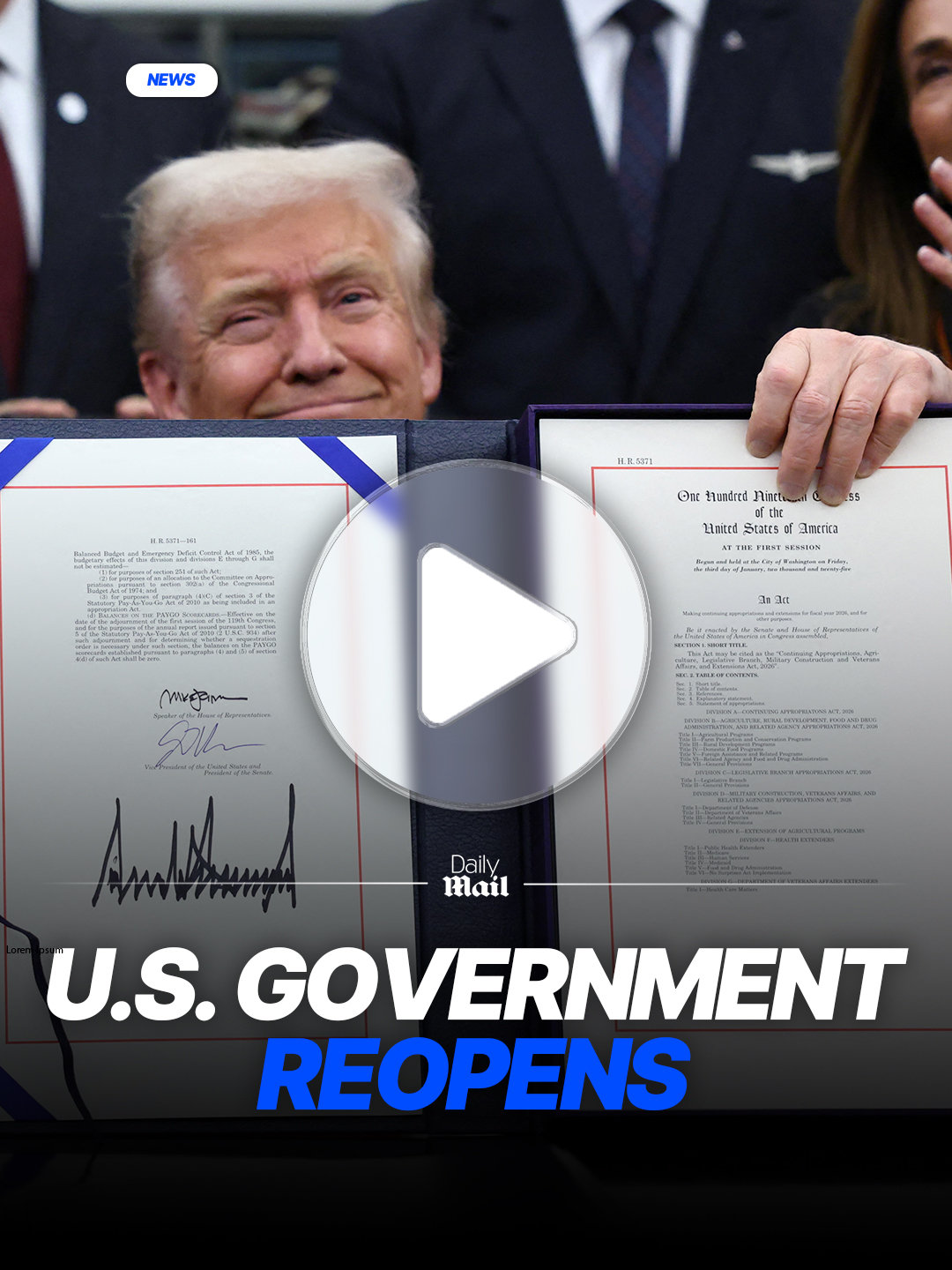 President Donald Trump has officially ended the longest federal shutdown in history with a few swift strokes of his pen in the Oval Office, shortly after being delivered a bill to fund the federal government from Capitol Hill. Trump was surrounded by top Republicans and national business leaders as he railed against Democrats, blaming them for the record-breaking closure once more, despite polling showing that many voters think Republicans bear the blame for the shutdown. Find out more at Daily Mail. #US #donaldtrump #shutdown #news