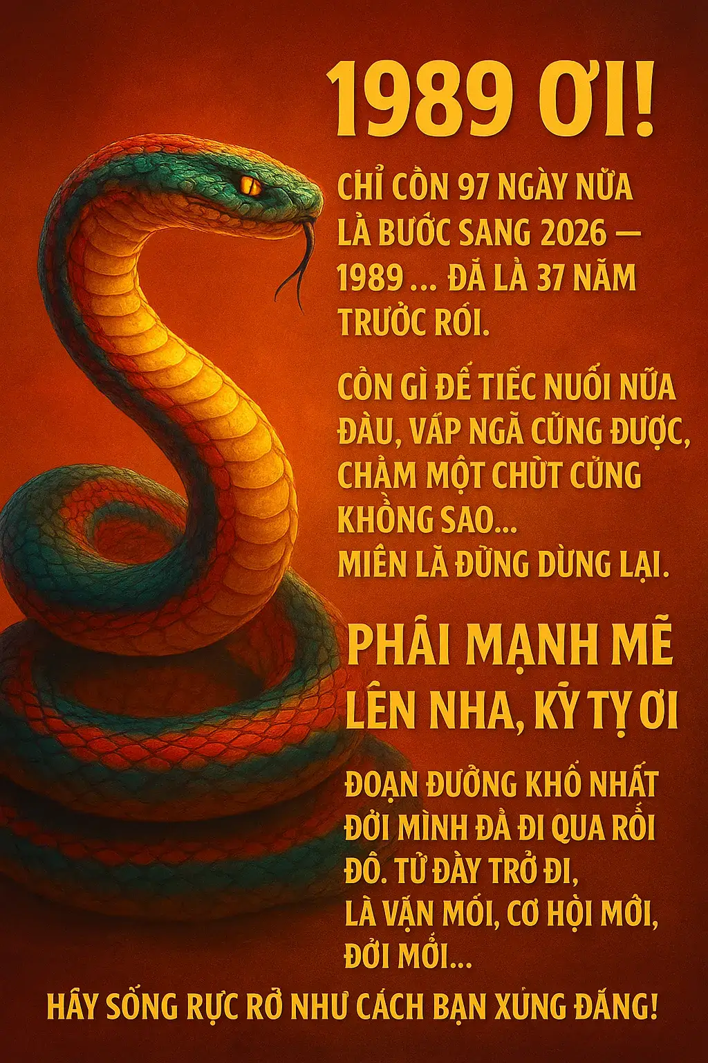 🔥 1989 ƠI! Chỉ còn 97 ngày nữa là bước sang 2026 — 1989... đã là 37 năm trước rồi. ⏳ Còn gì để tiếc nuối nữa đâu, vấp ngã cũng được, chậm một chút cũng không sao... Miễn là đừng dừng lại. 💪 Phải mạnh mẽ lên nha, Kỷ Tỵ ơi! Đoạn đường khổ nhất đời mình — đã đi qua rồi đó. 🌈 Từ đây trở đi, là vận mới, cơ hội mới, đời mới... Hãy sống rực rỡ như cách bạn xứng đáng! #kyty1989 #xuhuong2025 #foryou #fyp #1989 @Kỷ Tỵ 1989 @Kỷ Tỵ 1989 @Kỷ Tỵ 1989 