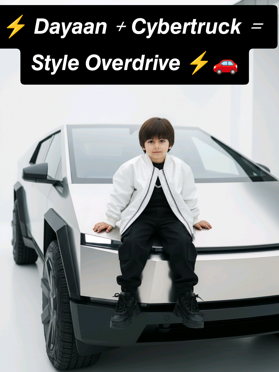 🛸 𝙏𝙝𝙚 𝙨𝙩𝙮𝙡𝙚 𝙨𝙩𝙤𝙧𝙢: 𝘿𝙖𝙮𝙖𝙖𝙣 𝙞𝙣 𝘾𝙮𝙗𝙚𝙧𝙩𝙧𝙪𝙘𝙠 🌟  𝙂𝙚𝙢𝙞𝙣𝙞 𝘼𝙞 𝘾𝙤𝙥𝙮 𝙋𝙖𝙨𝙩𝙚 𝙋𝙧𝙤𝙢𝙥𝙩 1:- Open Gemini Ai 2:- Upload Your Image 3:- Copy And Paste Prompt Gemini Ai Photo prompt Generate an ultra-realistic cinematic photo of a 2-year-old cute boy in the uploaded image sitting casually on the edge of the 2024 Tesla Cybertruck's hood. One leg is bent on the hood while the other hangs relaxed. He is wearing a baggy shiny white bomber jacket, baggy black pants, and big black sneakers, accessorized with a necklace. His face, skin tone, and hairstyle remain exactly the same as the uploaded reference photo. The Cybertruck is parked indoors in a clean, minimalistic showroom with white floors and soft bright lighting. The camera is positioned slightly above eye level, angled to capture both the man and the Cybertruck in a bold, urban, high-fashion editorial style with strong contrast and a modern luxury vibe. Keep my face exactly the same. #ai  #gemini #prompt #foryoupage  #fyp 