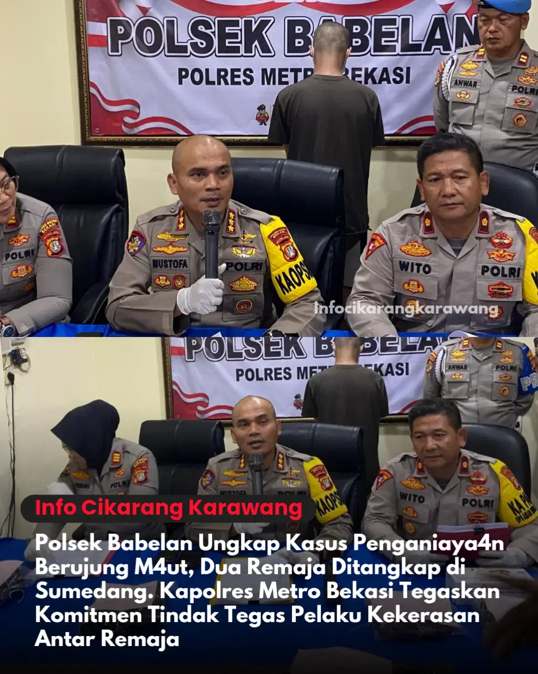 Polsek Babelan Ungkap Kasus Penganiay4an Berujung M4ut, Dua Remaja Ditangkap di Sumedang. Kapolres Metro Bekasi Tegaskan Komitmen Tindak Tegas Pelaku Kekerasan Antar Remaja BEKASI — Polres Metro Bekasi melalui Polsek Babelan berhasil mengungkap kasus penganiayaan yang menyebabkan tew4snya seorang remaja bernama AS di wilayah Kecamatan Babelan, Kabupaten Bekasi. Kasus ini diungkap dalam press release yang digelar di Aula Mako Polsek Babelan pada Kamis (13/11/2025) siang, dipimpin langsung oleh Kapolres Metro Bekasi KBP Mustofa, S.I.K., M.H., didampingi Kapolsek Babelan Kompol Wito, S.H., M.H., serta AKP Aliyani, S.H. selaku Kasi Humas Polres Metro Bekasi. Kegiatan dihadiri sejumlah awak media cetak dan elektronik, dengan paparan lengkap mengenai kronologis, modus, hingga penangkapan pelaku yang sempat melarikan diri ke luar kota. Kasus ini berawal dari laporan polisi pada tanggal 29 Oktober 2025. Dalam peristiwa tragis yang terjadi di Kampung Pintu RT 011/004, Desa Babelan Kota, Kecamatan Babelan, korban AS tew4s akibat luka t*suk senjata taj4m yang men*mbus jantung. Kapolres Metro Bekasi, KBP Mustofa, menjelaskan bahwa pelaku utama adalah dua remaja, yakni MND alias Ari (16 tahun) dan IAS alias Adi (19 tahun). Keduanya merupakan warga Desa Kedung Pengawas, Babelan, yang masih berstatus pelajar. “Dari hasil penyelidikan, diketahui bahwa peristiwa ini bermula dari tantangan tawur4n antarkelompok remaja yang berawal di media sosial Instagram. Kedua pelaku bergabung dengan kelompok bernama Jerman 09 Street setelah mendapat tantangan dari kelompok lain yang menamakan diri Gang Dalam,” ujar Kapolres. Saat tiba di lokasi perkelahi4n, pelaku Ari langsung menyerang korban menggunakan senjata tajam jenis corbek yang sebelumnya telah disiapkan. Korban mengalami luka parah di bagian punggung dan paha hingga akhirnya meninggal dunia setelah sempat dibawa ke Rumah Sakit Ananda Babelan. Barang bukti yang diamankan polisi antara lain satu bilah corbek, pakaian korban dan pelaku yang berlumuran darah, serta jaket yang sobek akibat tusukan senjata tajam. Setelah kejadian, kedua pelaku sempat melarikan diri ke wilayah Cilincing, Jakarta Utara, lalu ke rumah neneknya di Sumedang, Jawa Barat. Tim Opsnal Polsek Babelan yang dipimpin IPTU Luhut P. Batubara bersama IPDA Augusman Harefa akhirnya berhasil menangkap keduanya pada Jumat (31/10/2025) pagi dalam keadaan tertidur. Kapolres menegaskan, “Kami akan menindak tegas segala bentuk aksi kekerasan yang melibatkan remaja. Tawur4n bukan budaya kita, dan penggunaan media sosial untuk menantang atau memprovokasi akan ditelusuri hingga tuntas.” Atas perbuatannya, pelaku MND alias Ari dijerat Pasal 351 ayat (3) KUHP tentang penganiayaan yang menyebabkan kematian, dengan ancaman hukuman maksimal 7 tahun penjara. Sementara IAS alias Adi dijerat Pasal 351 ayat (3) jo Pasal 56 ayat (2) KUHP karena membantu terjadinya tindak pidana, dengan ancaman pidana maksimal sepertiga dari hukuman pokok. Kapolres Metro Bekasi turut mengimbau para orang tua agar meningkatkan pengawasan terhadap aktivitas anak di dunia nyata maupun media sosial, guna mencegah terulangnya peristiwa serupa. #karawang #bekasi #babelan #polri #news 