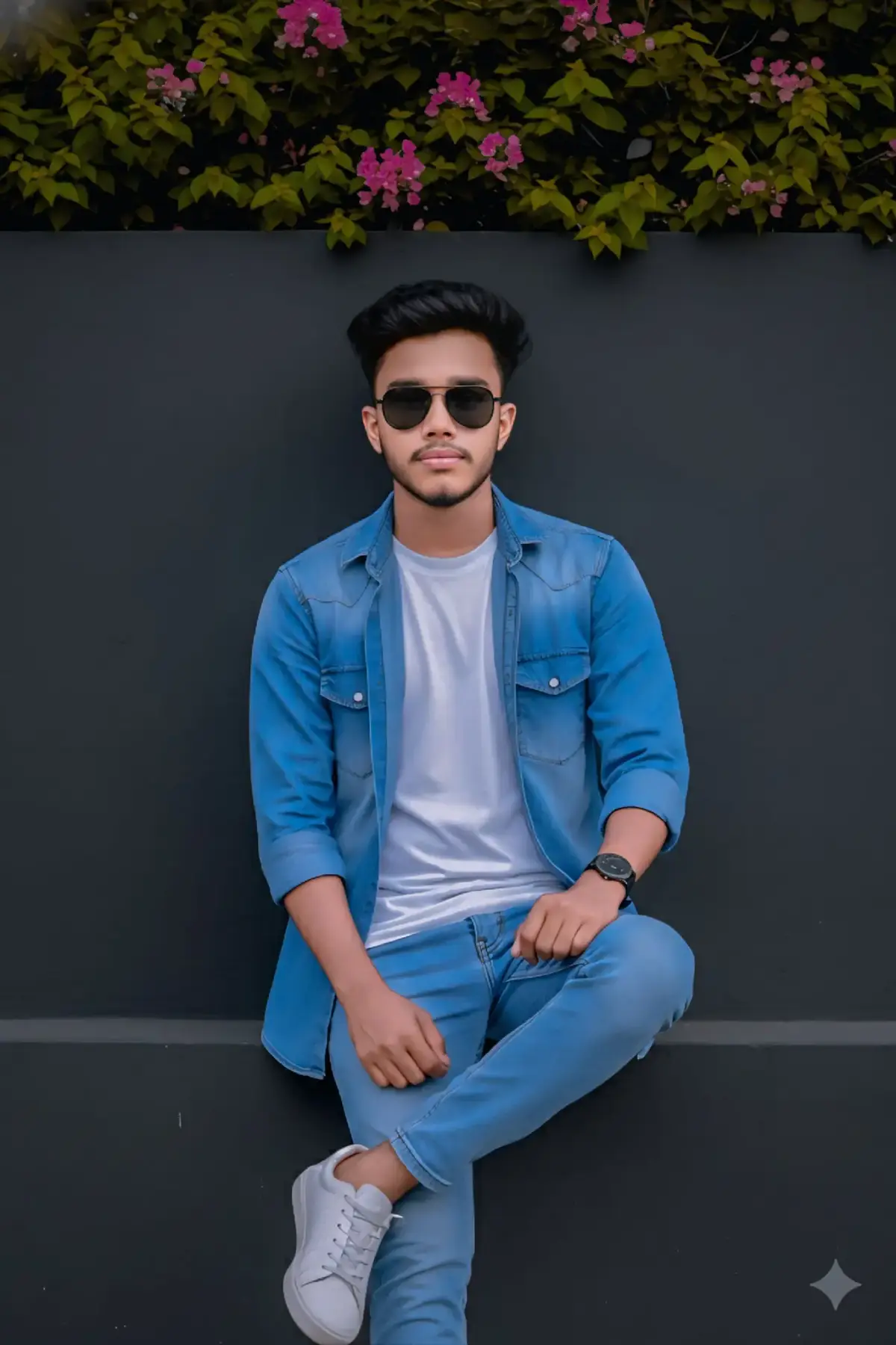 🔰Prompt🔰  Wearing a white t-shirt over a sky blue denim shirt, sky blue pants, white sneakers, black sunglasses, black leather watch with legs crossed. Looking confidently at the camera. Sitting against a dark gray wall, green leaves and pink flowers on top. 