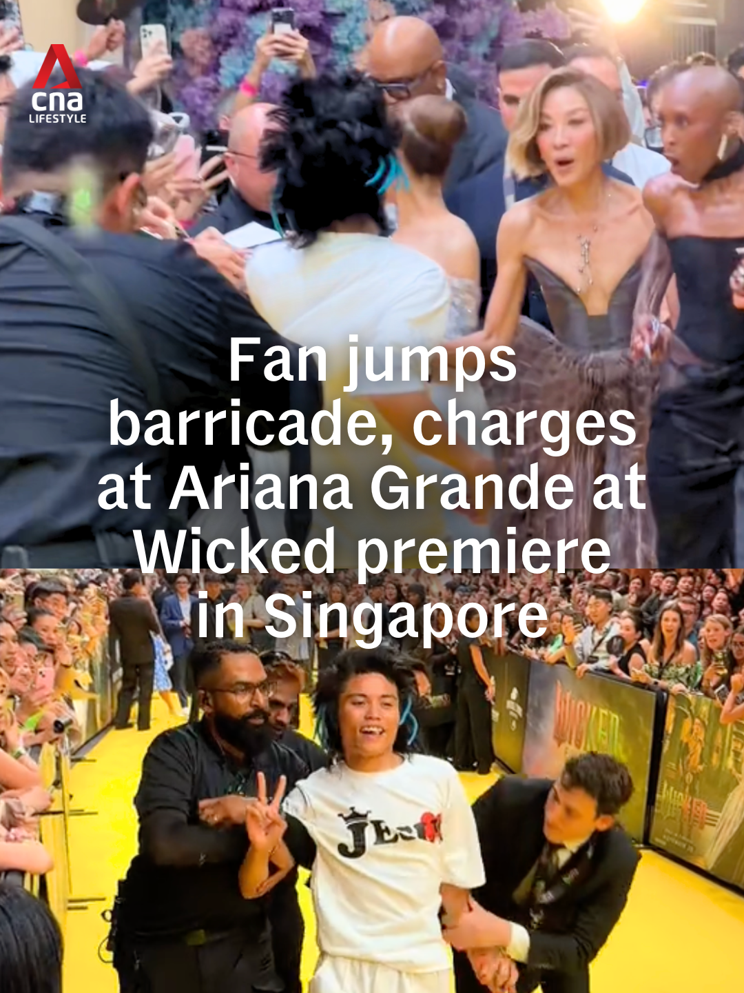 A fan jumped a barricade and rushed at Wicked star Ariana Grande at the premiere of Wicked: For Good in Singapore on Thursday (Nov 13). Videos circulating on social media captured the incident as the movie’s cast - including Cynthia Erivo, Jeff Goldblum and Michelle Yeoh, as well as director Jon M Chu - were walking down the yellow carpet at Universal Studios Singapore. The man rushed up to Grande and put his arm around her while jumping up and down. He was taken away by security. #arianagrande #wickedmovie #singapore #sgnews