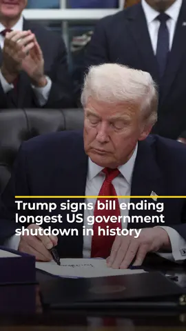 US President Donald Trump signed a funding bill in Washington DC to end a 43-day government shutdown, the longest on record. The deal followed a partisan standoff over healthcare that left nearly a million workers unpaid. #news #US