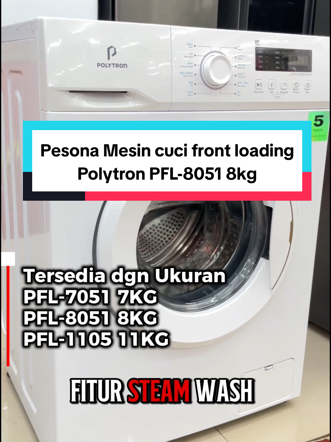 Pesona Mesin Cuci Polytron PFL8051 Kapasitas 8kg Front loading Loundry cucian bersih keluarga sehat bersama Polytron #elektronik #belilokal #mesincuci #loundry #polytron 
