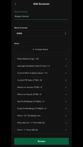 Mau cari saham buat INVESTING? pakai screener bagger santuy sama dividen investing. Mau cari saham buat SWING TRADING pakai screener lq50. Mau cari saham DAY TRADING pakai screener cuan bungkus sama bsjp-ypc. Semua ada gratis di akun ini, selanjutnya mau screener apalagi guysss??? #saham #screenersaham #ihsg #investing #trading 