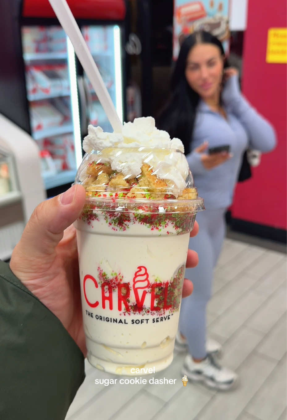 Taste testing the @Carvel Ice Cream sugar cookie holiday dasher for the first time 🤤🍦 @tonzimacaroni  #carvel #icecream #sugarcookie #softserve #carveldasher 