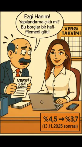 📌 Gecikme zammında indirim! 13 Kasım 2025’ten itibaren tüm kamu (amme) alacaklarında gecikme zammı %4,5 → %3,7 olarak düşürüldü. 🔸 Eski borçlara indirim yok. 13 Kasım 2025 öncesindeki gecikme günleri hâlâ eski oran (%4,5) üzerinden hesaplanıyor. 🔸 Yeni oran sadece 13.11.2025 sonrası işleyen gecikmeler için geçerli. 🔸 Tecil faizi de düştü! Yıllık tecil faizi %48’den %39’a indirildi. (= Borcunu tecil edenler için yıllık maliyet azaldı.) Herkes yeni bir yapılandırma beklerken bu düzenleme geldi 😊 Bilgi kirliliği olmasın diye kısa ve net özetledim. 🌸 Faydalı olduysa kaydedin & paylaşın (Görsel kurgudur.) 📍 @mevzuattv