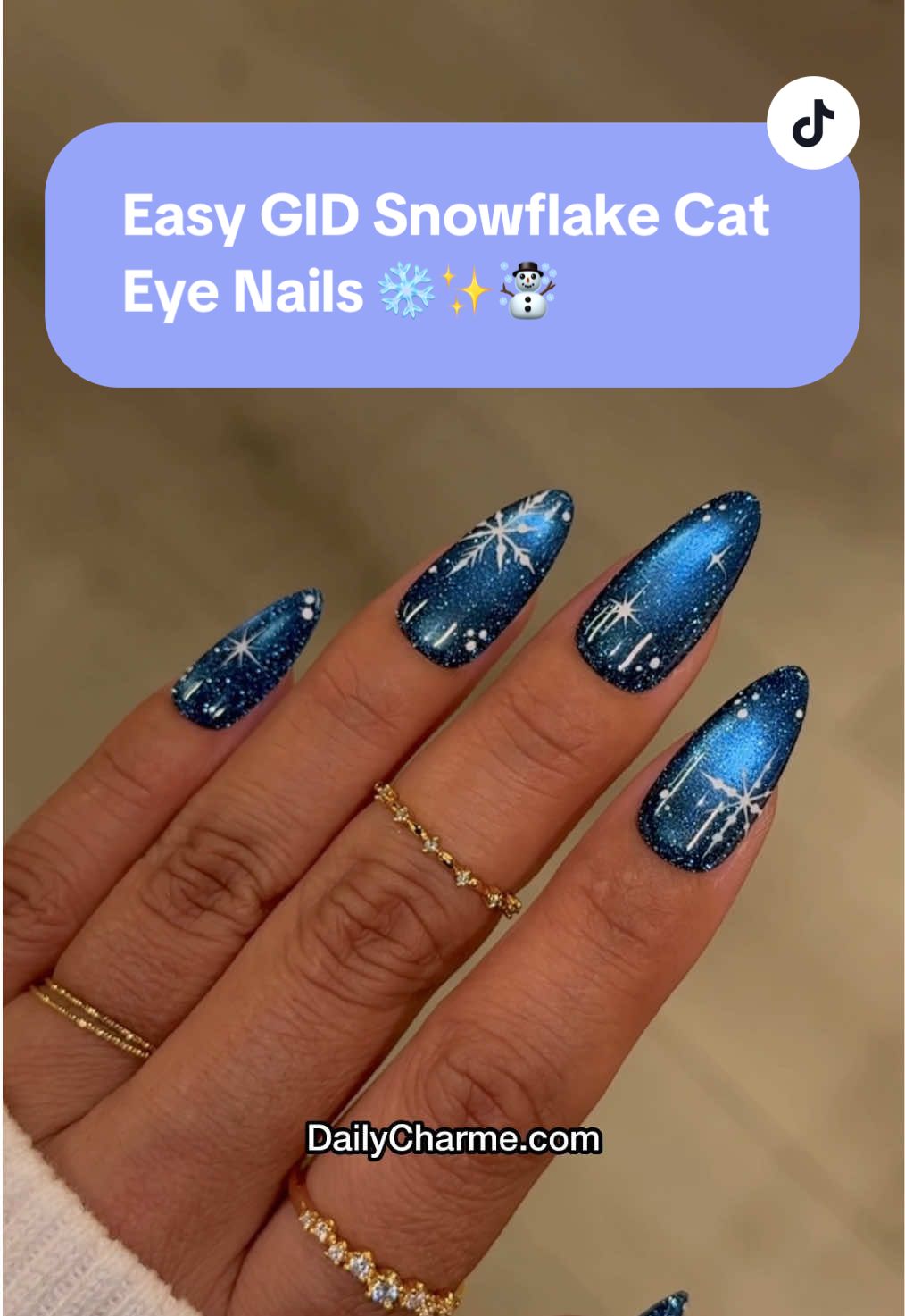 The easiest Glow in the Dark Snowflake Cat Eye Nails ❄️✨☃️ The ultimate frosty glam for winter! 😍  💅 Everything used for this look is from the brand Daily Charme & is listed below. All goodies are available now in our TikTok shop or via the 🔗 in bi0 💖 Save & share for winter nail inspo! 🩵 Using@daily_charme:  💙 E59 Cosmo Blue Aura 🤍 002 Perfect White  🌟 White Glow in the Dark Pigment  🧲 Strong Cat Eye Magnet Cylinder 🖌️ 12 Art Liner Nail Art Brush  💎 Diamond Shine Top Coat 💅 Medium Almond Clear Extension Tips #snowflakenails #glowinthedarknails #cateyenails #holidaynails #winternails        