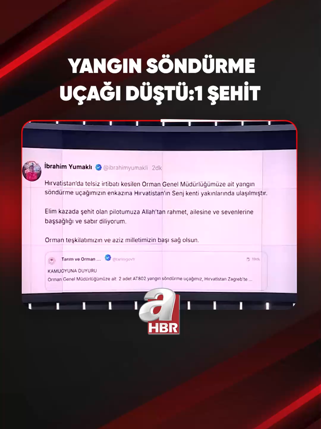 #SONDAKİKA | Tarım ve Orman Bakanı Yumaklı: #Hırvatistan’da telsiz irtibatı kesilen Orman Genel Müdürlüğümüze ait yangın söndürme uçağımızın enkazına Hırvatistan’ın Senj kenti yakınlarında ulaşılmıştır.