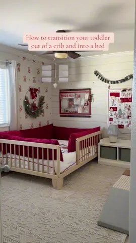 If you are transitioning your toddler out of a crib and into a bed here is the easiest way to do it! You can get these floor beds in all different bed sizes plus they come with rails on all sides. We opted to get feet on ours but you can also skip the feet so that it would sit directly on the floor. We loved using a floor bed to transition our two-year-old because it was big enough for us to stay in his room with him plus it had rails so that we didn’t have to worry about him rolling out of the bed at night! Plus, its low profile is easy for him to climb in and out of his bed by himself! #nursery #momadvice #parentingadvice #momtips #sahm     