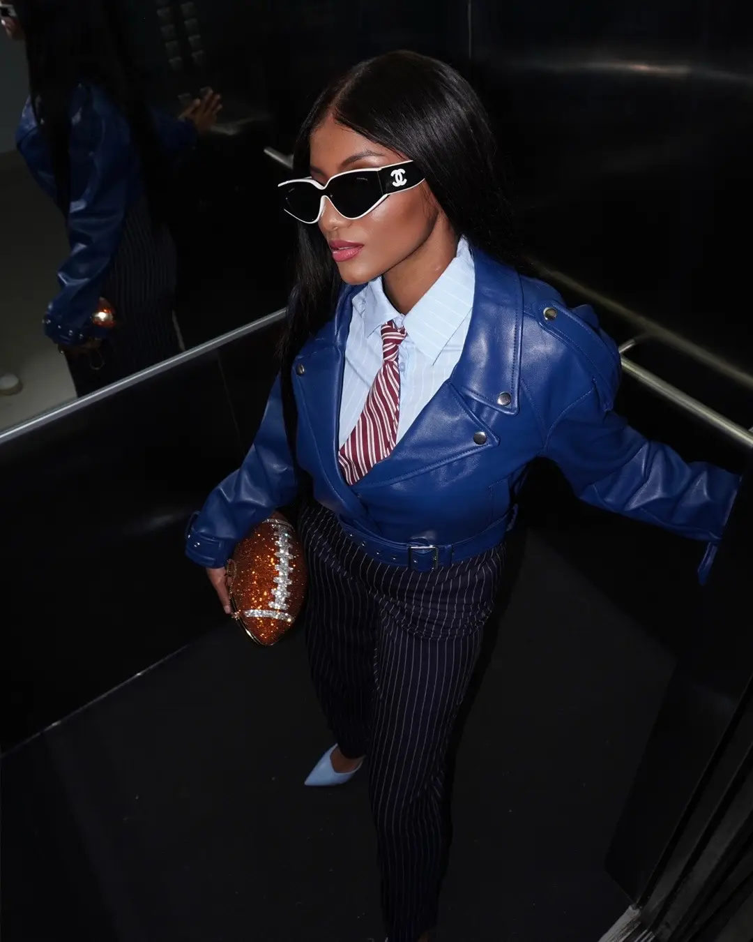 Touchdown, every time. 🏈 @Fashion Nova  🔍 Kazzy Striped 2 Piece Shirt And Tie - Blue/combo 🔍 Fast Lane Faux Leather Moto Jacket - Blue #viral #fyp #foryou #viral #foryoupage      