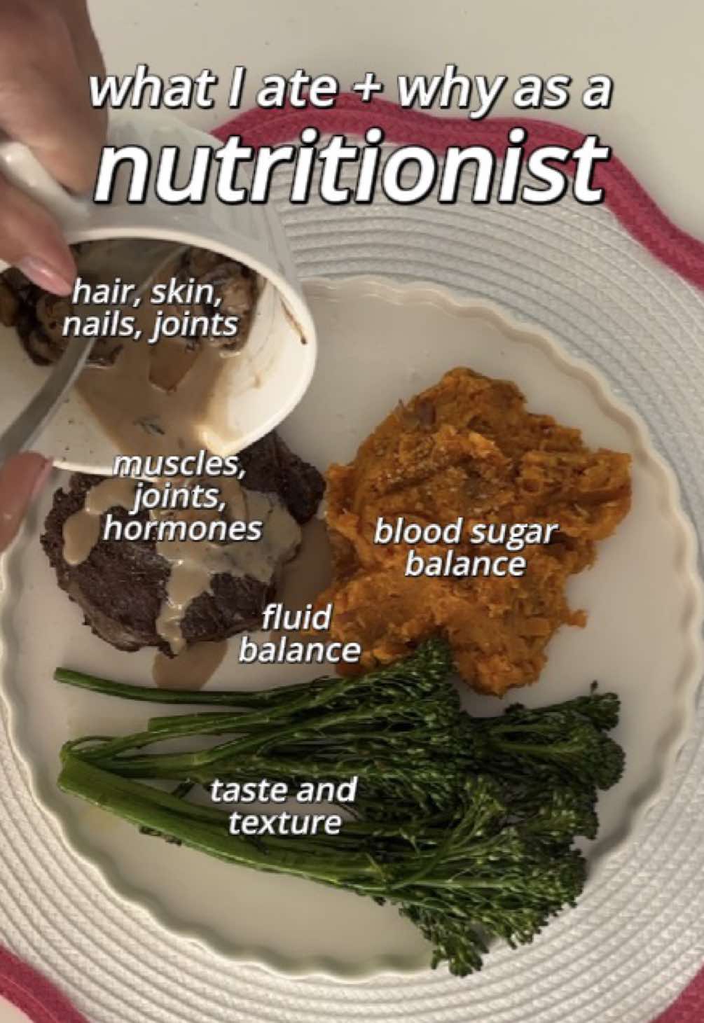 What I ate and why ✨ 🥩 Beef cheeks for muscles, joints, and hormone health. Rich in collagen, zinc, and iron, they support tissue repair and metabolism. 🍠 Mashed sweet potato for blood sugar balance. Cooling and reheating helps create resistant starch that lowers the glucose response. 🥦 Broccolini for taste and texture. 🧂 Sea salt for fluid balance and proper muscle and nerve function. ☕️ Bone broth gravy for added minerals, collagen, and flavour. Recipe ⤵️ Ingredients (serves 2): • 2 beef cheeks • 1 large tbsp bone broth concentrate • 1 tbsp grass-fed ghee • 1 tbsp butter • 3–4 mushrooms, sliced • 2 large sweet potatoes • sea salt • broccolini Instructions: 1. Boil or steam sweet potato until soft. Mash with butter and sea salt. Store overnight in the fridge, then reheat before serving. (Cooling and reheating helps lower the glycemic impact.) 2. Sear the beef cheeks in ghee until browned on all sides. Add bone broth, cover, and braise on low for 1–2 hours until tender. Transfer to a pressure cooker and cook for 45 minutes for extra softness. 3. In a pan, sauté mushrooms in butter. Stir in bone broth concentrate and water to make a creamy sauce. 4. Steam the broccolini until bright green and tender. Season with sea salt and a touch of butter if desired. 5. Plate the beef cheeks with gravy, add mashed sweet potato, and serve with broccolini on the side. What are you having for dinner?! 