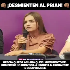 URGENTE 🚨 SALIÓ EL PEINE 👊🏾👊🏾🇲🇽 La alcaldesa Grecia Quiróz aclaró que ni ella ni su equipo están convocando a la marcha del 15 de noviembre. Señaló que su movimiento solo tiene presencia en Uruapan, Michoacán. Advirtió que oportunistas del movimiento están intentando aprovechar el contexto para confundir a la ciudadanía.