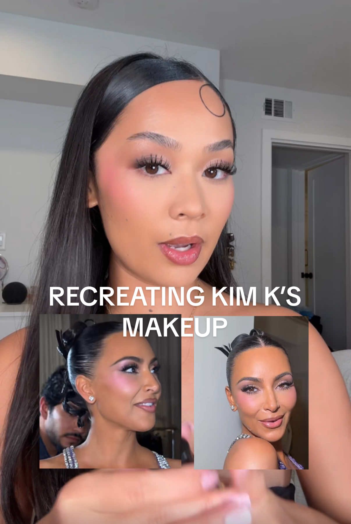 this look was so fun 🙂‍↕️ who’s makeup should I recreate next ??? :)  products 🎀: @L’Oréal Paris - lumi glotion  @milkmakeup- hydrogrip primer @Huda Beauty- foundation, easy bake setting powder, liquid blush (bubble gum) @Hourglass Cosmetics concealer  @Milani Cosmetics bronzer @Benefit Cosmetics bronzer @tarte cosmetics in bloom palette @NARS Cosmetics concealer @Patrick Ta Beauty she’s a doll blush duo  @NYX Professional Makeup liner “espresso” @Summer Fridays “natural beige” @ONE SIZE BEAUTY “on til dawn” setting spray  @urban decay “all nighter” setting spray  @amika dry shampoo  @Kérastase hair Elixir #makeuptutorial #makeuptok #fullglam #beautyhacks #holidaymakeup 