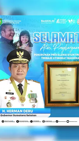 Gubernur Herman Deru Terima Penghargaan Menko PMK, Sumsel Sukses Tekan Angka Prevalensi Stunting Secara Signifikan  Palembang – Gubernur Sumatera Selatan (Sumsel) Dr. H. Herman Deru kembali menorehkan prestasi tingkat nasional. Kali ini, orang nomor satu di Sumsel itu menerima tanda penghargaan dari Menteri Koordinator Bidang Pembangunan Manusia dan Kebudayaan (Menko PMK) RI, Pratikno, atas keberhasilan Sumatera Selatan menurunkan angka prevalensi stunting secara signifikan. Penghargaan tersebut diberikan kepada Gubernur Herman Deru sebagai Provinsi dengan Penurunan Prevalensi Stunting Terbaik II Nasional per 12 November 2025. Capaian ini menjadi bukti nyata keseriusan dan kerja keras Pemerintah Provinsi Sumatera Selatan dalam menurunkan angka stunting di daerah. Keberhasilan itu tak lepas dari strategi komprehensif yang diterapkan oleh Pemprov Sumsel, termasuk intervensi sejak masa pra-kelahiran. Upaya tersebut berfokus pada 11 intervensi spesifik di sektor kesehatan, terutama bagi remaja putri dan ibu hamil, guna memastikan generasi mendatang tumbuh sehat dan bebas stunting. Berdasarkan data Survei Status Gizi Indonesia (SSGI) 2024, prevalensi stunting di Sumatera Selatan tercatat sebesar 15,9% atau sebanyak 117.905 balita. Angka tersebut menurun drastis dibandingkan tahun-tahun sebelumnya, dan menempatkan Sumsel sebagai salah satu daerah dengan progres tercepat di Indonesia. Secara nasional, prevalensi stunting tahun 2024 berada di angka 19,8%, turun dari 21,5% pada tahun 2023. Penurunan ini menunjukkan keberhasilan berbagai daerah, termasuk Sumatera Selatan, dalam mendukung program nasional percepatan penurunan stunting. Penghargaan ini menjadi kali kedua bagi Provinsi Sumatera Selatan sebagai provinsi dengan penurunan prevalensi stunting terbaik kedua secara nasional. Sebelumnya, pada tahun 2024, Herman Deru juga menerima penghargaan serupa yang diserahkan langsung oleh Wakil Presiden RI Ma’ruf Amin pada Peringatan Hari Gizi Nasional dan Rapat Koordinasi Nasional Stunting di Jakarta. Berdasarkan hasil SSGI Kementerian Kesehatan RI, prevalensi stunting di Sumsel turun signifikan dari 24,8% pada tahun 2021 menjadi 18,6% pada 2023. Penurunan sebesar 6,2 persen poin itu menjadikan Sumsel sebagai provinsi dengan laju penurunan tercepat kedua di Indonesia setelah Jawa Barat. Sementara itu, data nasional menunjukkan jumlah kasus stunting terbesar masih terdapat di beberapa provinsi, antara lain Jawa Barat dengan 638.348 balita (15,9%), Jawa Tengah 485.893 (17,1%), Jawa Timur 430.780 (14,7%), Sumatera Utara 316.456 (22%), Nusa Tenggara Timur 214.143 (37%), dan Banten 209.600 (21,1%). Dengan capaian membanggakan ini, Gubernur Herman Deru menegaskan bahwa penghargaan tersebut bukanlah akhir, melainkan penyemangat untuk terus memperkuat kolaborasi lintas sektor dalam mempercepat penurunan stunting di Sumsel. “Ini adalah hasil nyata dari gotong royong semua pihak. Mari kita lanjutkan kerja baik ini agar Sumsel menjadi provinsi bebas stunting,” tutupnya. Pemerintah pusat menargetkan angka stunting nasional turun menjadi 14,2% pada tahun 2029, sesuai dengan arah kebijakan Rencana Pembangunan Jangka Menengah Nasional (RPJMN). Herman Deru menegaskan, Pemprov Sumsel berkomitmen penuh mendukung target tersebut melalui program lintas sektor yang melibatkan pemerintah kabupaten/kota, dunia usaha, dan masyarakat. #hermanderu #stunting #palembang #sumsel #fyp 