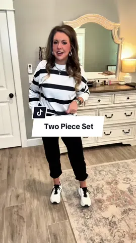 Always here for a cute and comfy two-piece set. It is effortless style and I am here for that! I sized down to a small in this and honestly should have stayed with my true size medium. It comes in great color options too! #twopieceset #stripedset #matchingset #tiktokshopblackfriday #tiktokshopcreatorpicks @Mntaor 