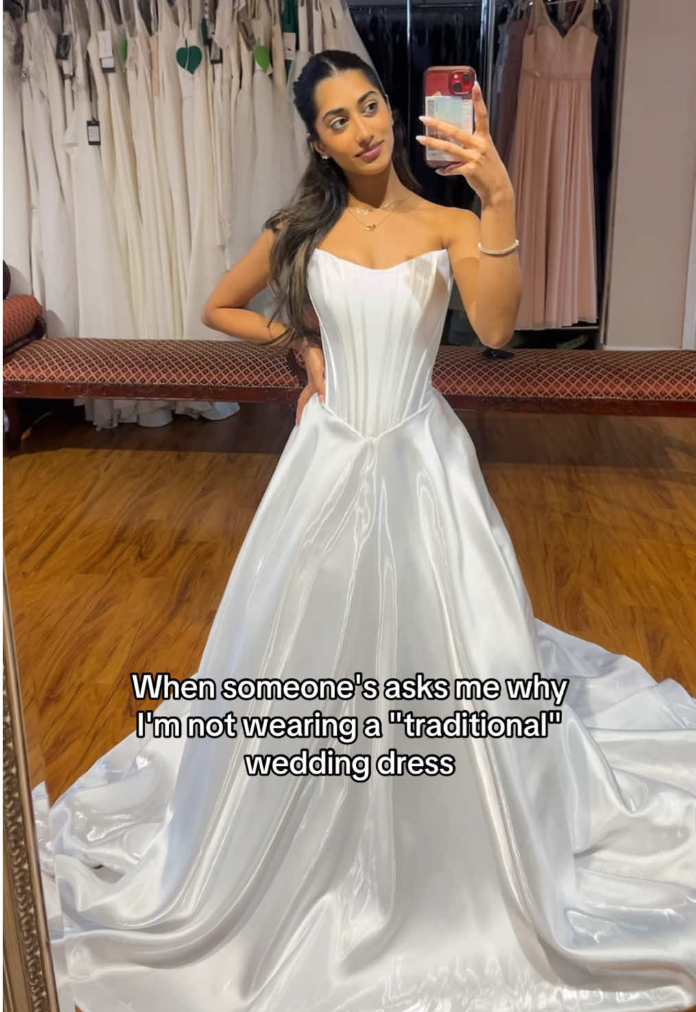 The metallic shine on this satin >> #uniqueweddingdress #satinweddingdress #weddingdressdesign #tryon #corsetweddingdress 