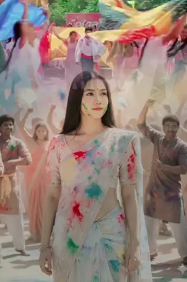 Prompt buat foto ini tanpa merubah wajah asli dengan wajah yang tenang menjadi wanita muda cantik berambut panjang warna hitam menggunakan saree India mewah warna putih pastel terbuka saree nya sangat kotor terkena bubuk holli warna warni sedang berdiri memandang seseorang dan terlihat dibelakang juga banyak orang yang berpakaian serupa membawa terbang ala Hindia terlihat juga di udara di penuhi oleh bubuk warna Holli. View seperti film India Mohabbatein pada tahun 2000 #geminiai #mohabbatein #fyp 