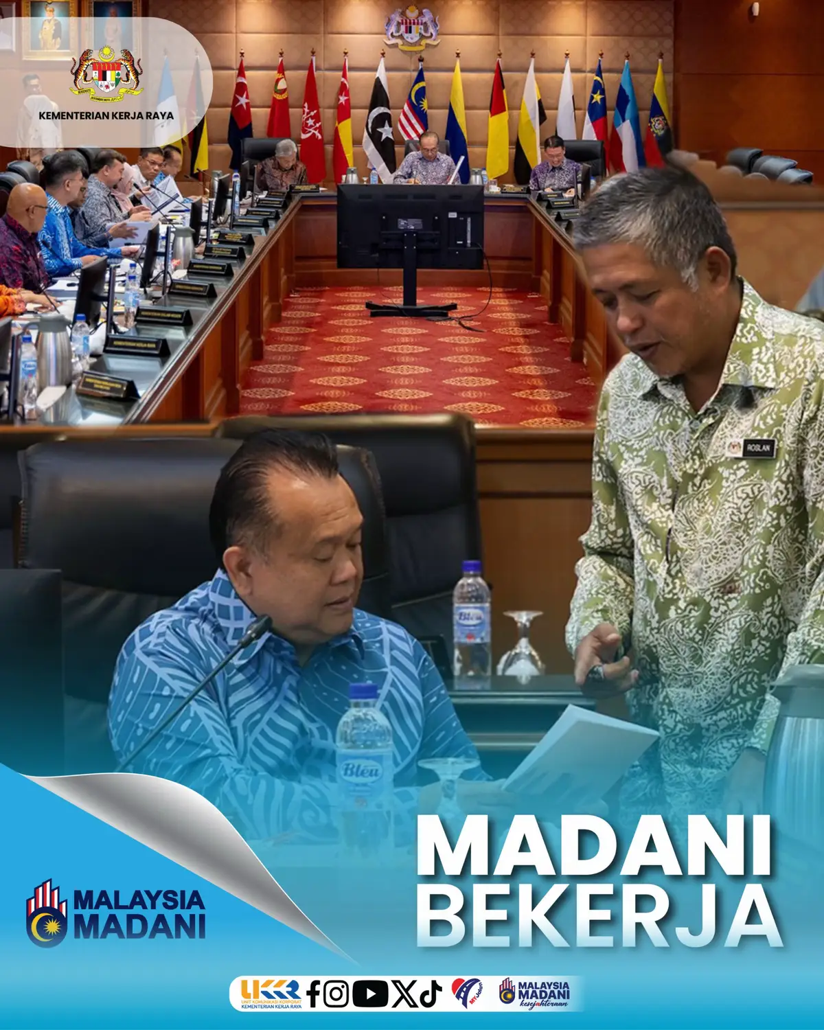 Berteraskan semangat MADANI Bekerja, usaha penyelarasan pembangunan negara terus diperkukuh melalui Mesyuarat Majlis Tindakan Pembangunan Negara Bil. 2/2025 yang dipengerusikan YAB Perdana Menteri Dato’ Seri Anwar Ibrahim. Mesyuarat ini menumpukan hala tuju projek pembangunan pasca RMK-11, merangkumi garis panduan utiliti, pengoptimuman projek serta penyelesaian isu pra-pelaksanaan seperti status tanah, pengambilan tanah, hakisan dan jajaran laluan air—faktor penting bagi memastikan projek berjalan lancar dan memberi pulangan terbaik kepada rakyat. Turut serta hadir dalam mesyuarat, YB Dato’ Sri Alexander Nanta Linggi, Menteri Kerja Raya; YBhg. Dato’ Seri Azman bin Ibrahim, Ketua Setiausaha Kementerian Kerja Raya; dan YBhg. Dato’ Sri Ir. Roslan bin Ismail, Ketua Pengarah Kerja Raya. Penekanan turut diberikan kepada penggunaan sumber, produk dan peralatan tempatan, selaras dengan usaha mengukuhkan industri pembinaan negara dan memastikan perbelanjaan pembangunan dimanfaatkan sepenuhnya. #MalaysiaMADANI #RancakkanMADANI #MADANIBekerja