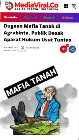 Dugaan Mafia Tanah di Agrabinta, Publik Desak Aparat Hukum Usut Tuntas https://mediaviral.co/dugaan-mafia-tanah-di-agrabinta-publik-desak-aparat-hukum-usut-tuntas/