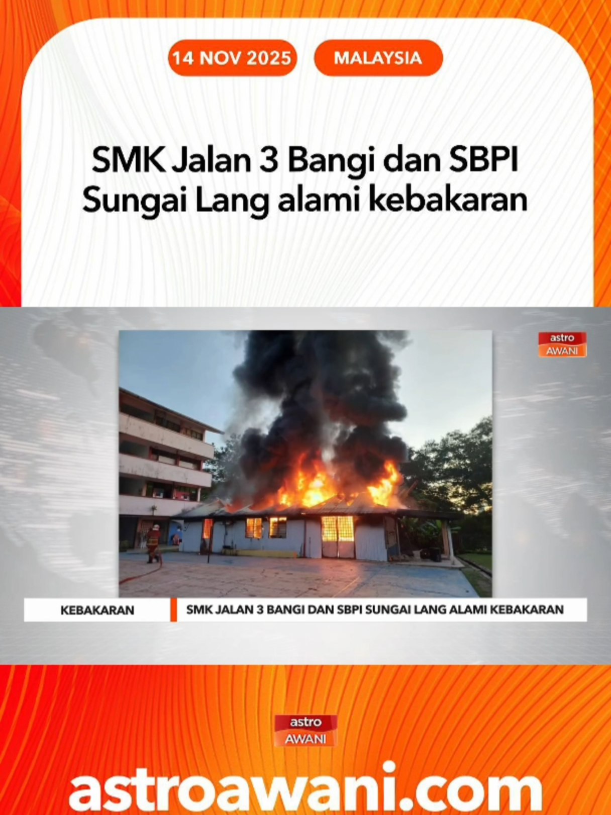 Dua kebakaran sekolah berlaku di Bangi dan Sabak Bernam pagi tadi. Tiada mangsa dilaporkan, api berjaya dipadam sepenuhnya oleh pasukan bomba. #AWANInews