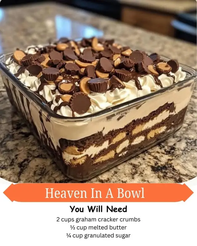 Heaven In A Bowl Ingredients For the Crust: 2 cups graham cracker crumbs ½ cup melted butter ¼ cup granulated sugar For the Peanut Butter Layer: 1 cup creamy peanut butter 8 oz cream cheese, softened 1 cup powdered sugar 1 tsp vanilla extract 1½ cups whipped topping (like Cool Whip) For the Chocolate Ganache: 1 cup semi-sweet chocolate chips ½ cup heavy cream Optional: Chopped peanuts or Reese's pieces for topping Instructions 1. Make the Crust: Mix graham crumbs, melted butter, and sugar. Press firmly into a 9x13
