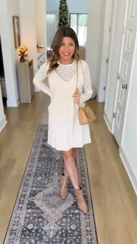 Layered neutrals for the win! This lace top + corduroy dress combo is giving cozy, classy, and totally holiday-ready. Paired it with my favorite neutral boots and a woven bag to keep things soft and feminine 🤍 SHOP this post on my LTK (link in bio!) #ltkseasonal #ltkfindsunder50 #ltkstyletip #thanksgivingoutfitinspo #momstyle