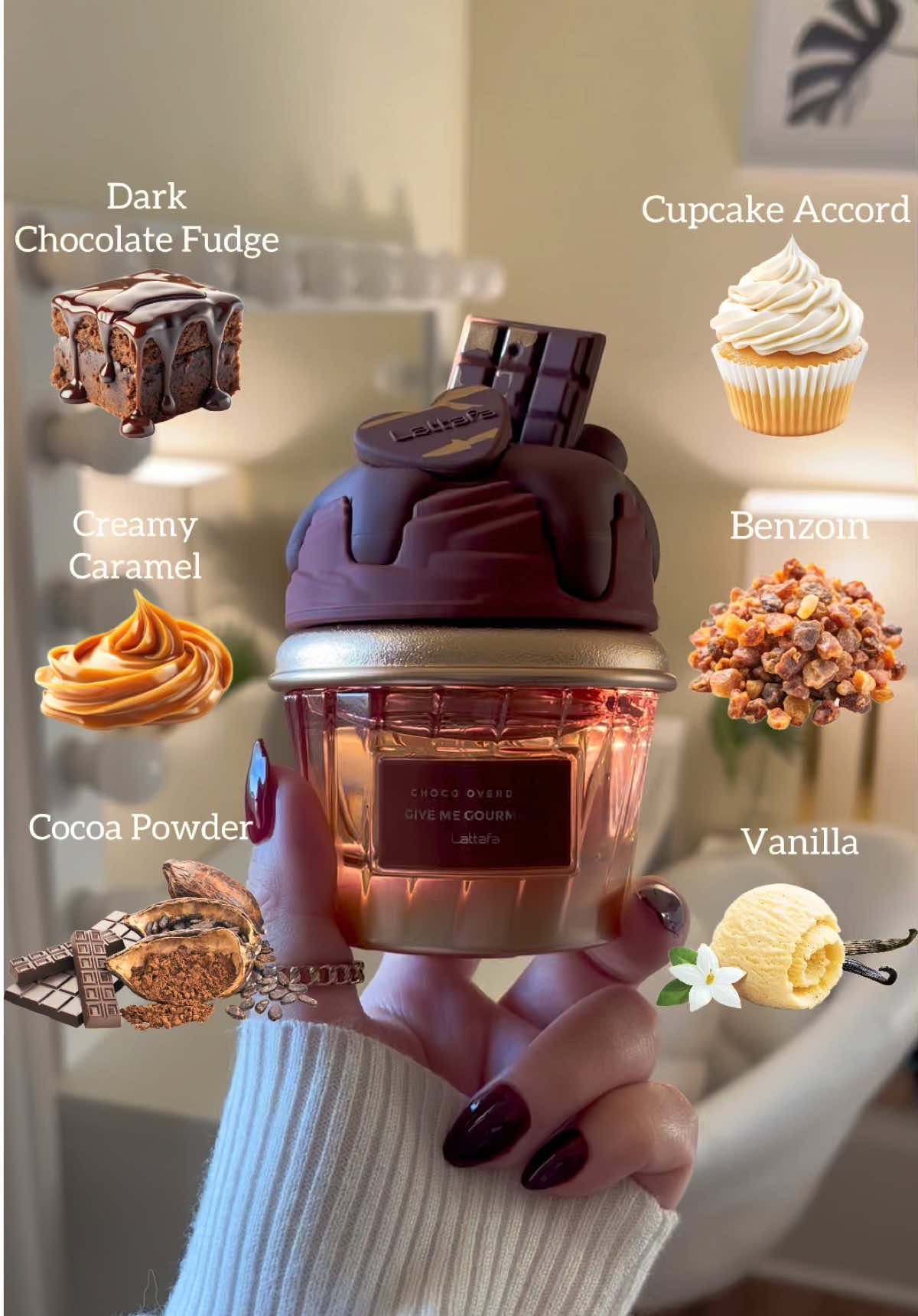 Choco Overdose 🍫🌰🥮@LATTAFA USA   Arabian Perfume Gourmand🍰  Smells like a warm chocolate fudge cake fresh from the oven🍫🥮   🍫🌰Top notes: Dark chocolate fudge.  🍫🍰Middle notes: Cocoa powder and a cupcake accord. 🍫🥮Base notes: Vanilla, caramel, and benzoin.   #lattafa#chocolateperfume#lattafaperfume#perfumetiktok#fragrance 