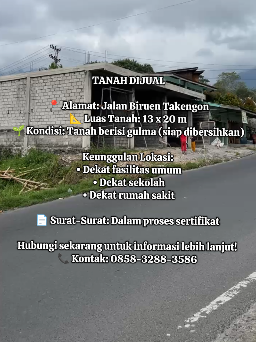 TANAH DIJUAL 📍 Alamat: Jalan Biruen Takengon 📐 Luas Tanah: 13 x 20 m 🌱 Kondisi: Tanah berisi gulma (siap dibersihkan) Keunggulan Lokasi: 	•	Dekat fasilitas umum 	•	Dekat sekolah 	•	Dekat rumah sakit 📄 Surat-Surat: Dalam proses sertifikat Hubungi sekarang untuk informasi lebih lanjut! 📞 Kontak: 0858-3288-3586 #TanahDijual  #PropertiIndonesia  #InvestasiProperti  #JualTanah  #RumahTanahProperti 